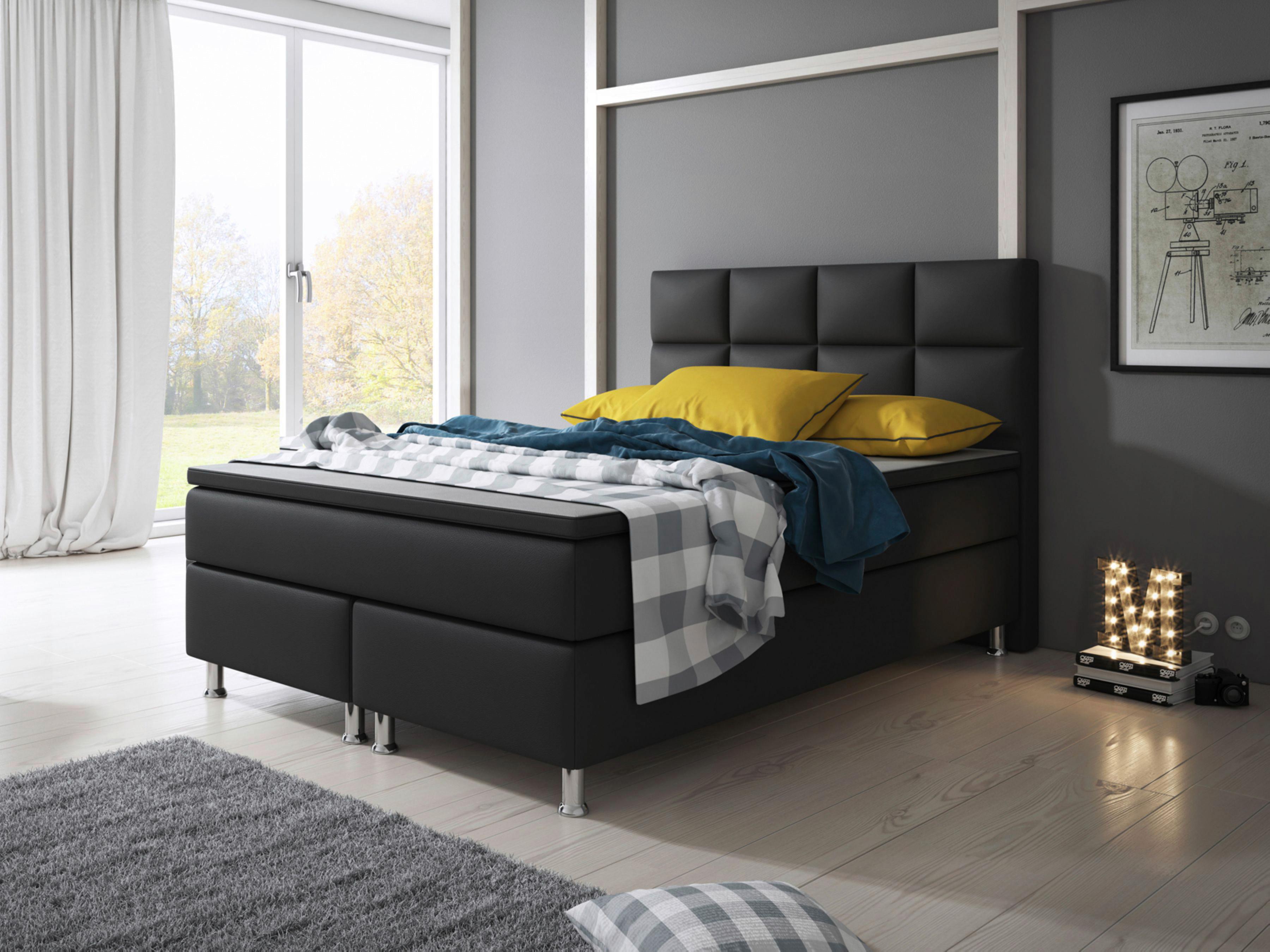 Boxspringbett Mit Topper / Matratze 140x200 Cm Miami-F - Silberfarben/Schwarz, KONVENTIONELL, Leder/Textil (140/115/210cm) - MID.YOU