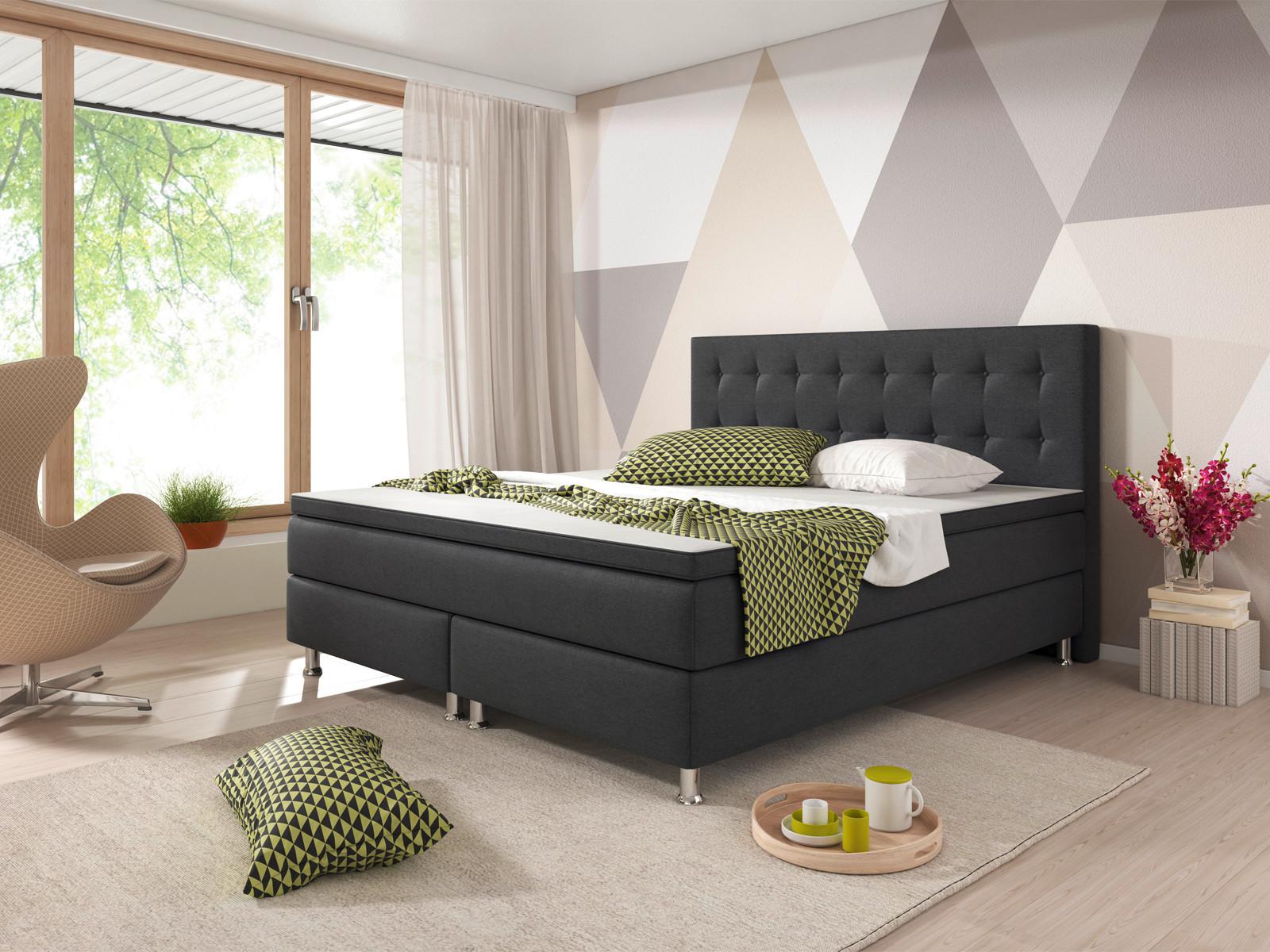 Boxspringbett Mit Topper 180x200 Köln - Anthrazit/Silberfarben, KONVENTIONELL, Textil (180/115/210cm) - MID.YOU