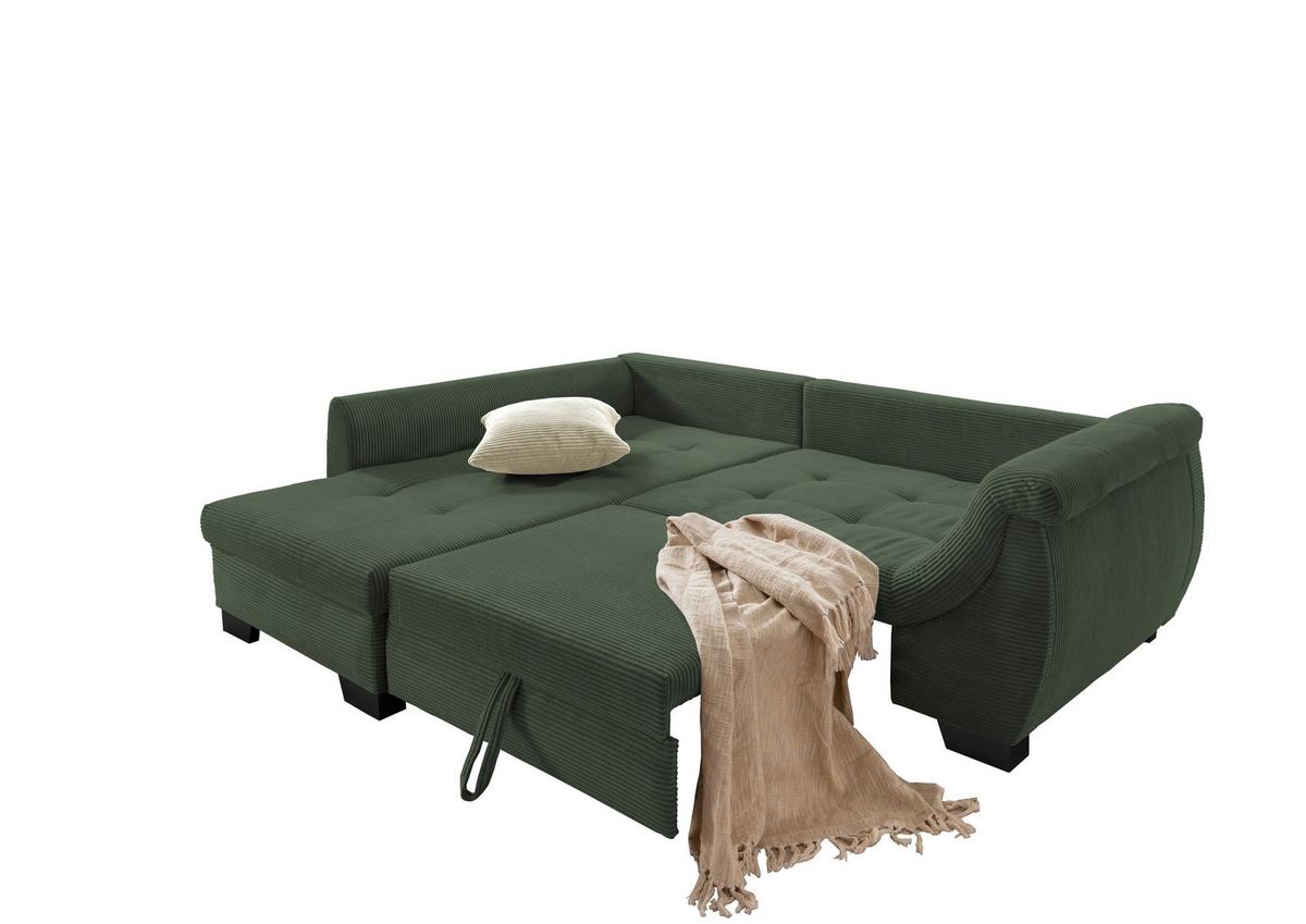 Ecksofa mit Schlaffunktion Flora Grün Cord - Beige/Schwarz, Design, Textil (190/250cm) - MID.YOU
