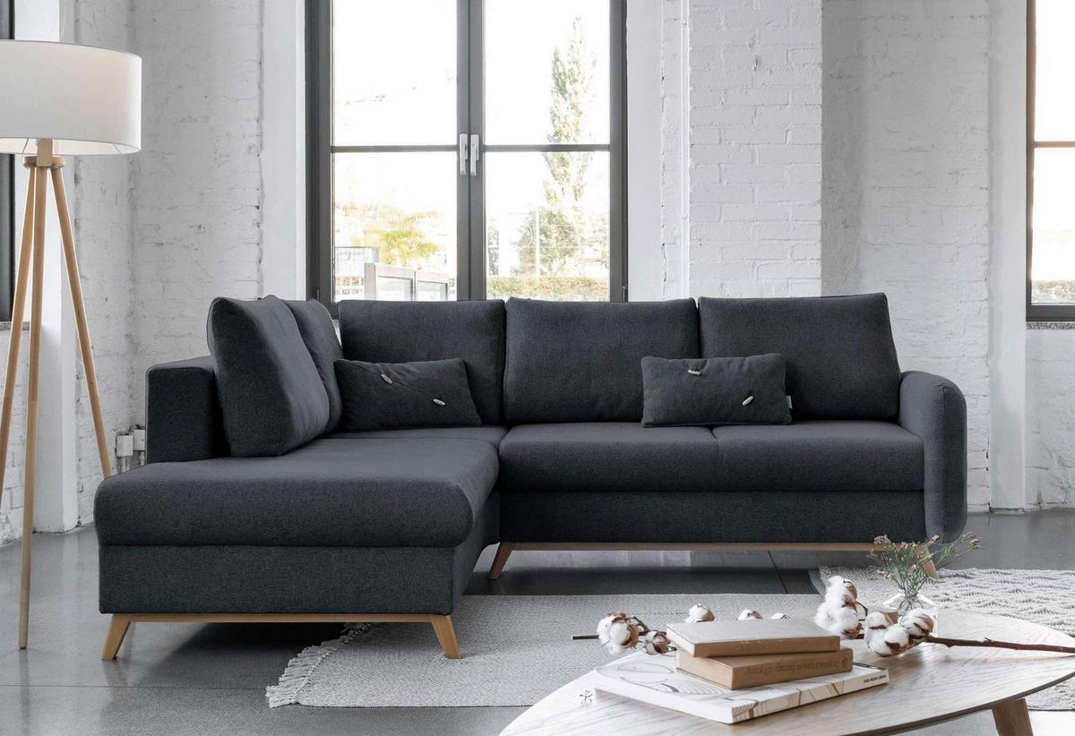 Sedačka LUCILE L, levá, tm.šedá, úl.prostor a lůžko - tmavě šedá/přírodní barvy, dřevo/textil (202/242cm) - MID.YOU