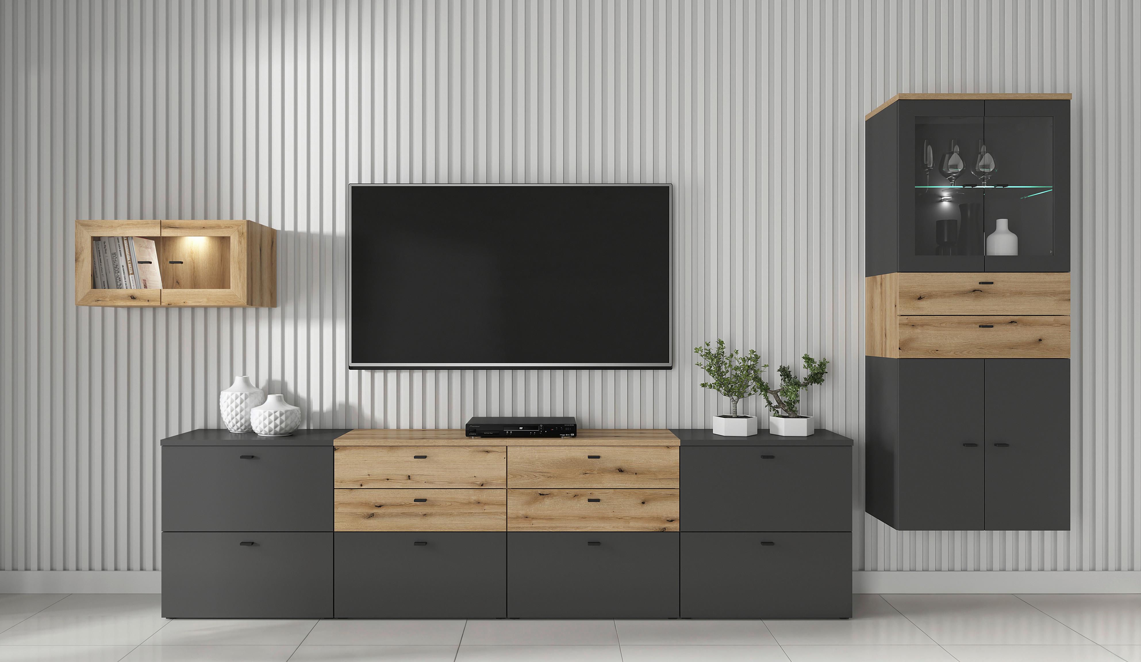 Wohnwand Sixty-four Anthrazit/eichefarben - Eichefarben/Anthrazit, Trend, Holzwerkstoff (320/160/35cm)