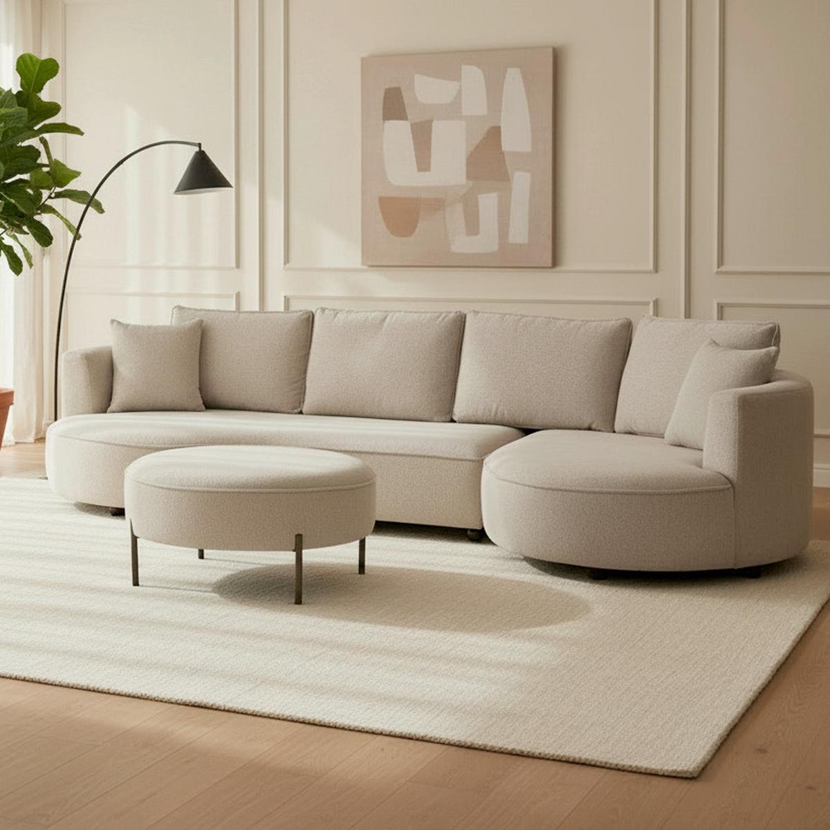 Sedací souprava NILAS, šedobéžová, s taburetem - černá/béžová, Moderní, kov/dřevo (322/154cm) - Bessagi Home