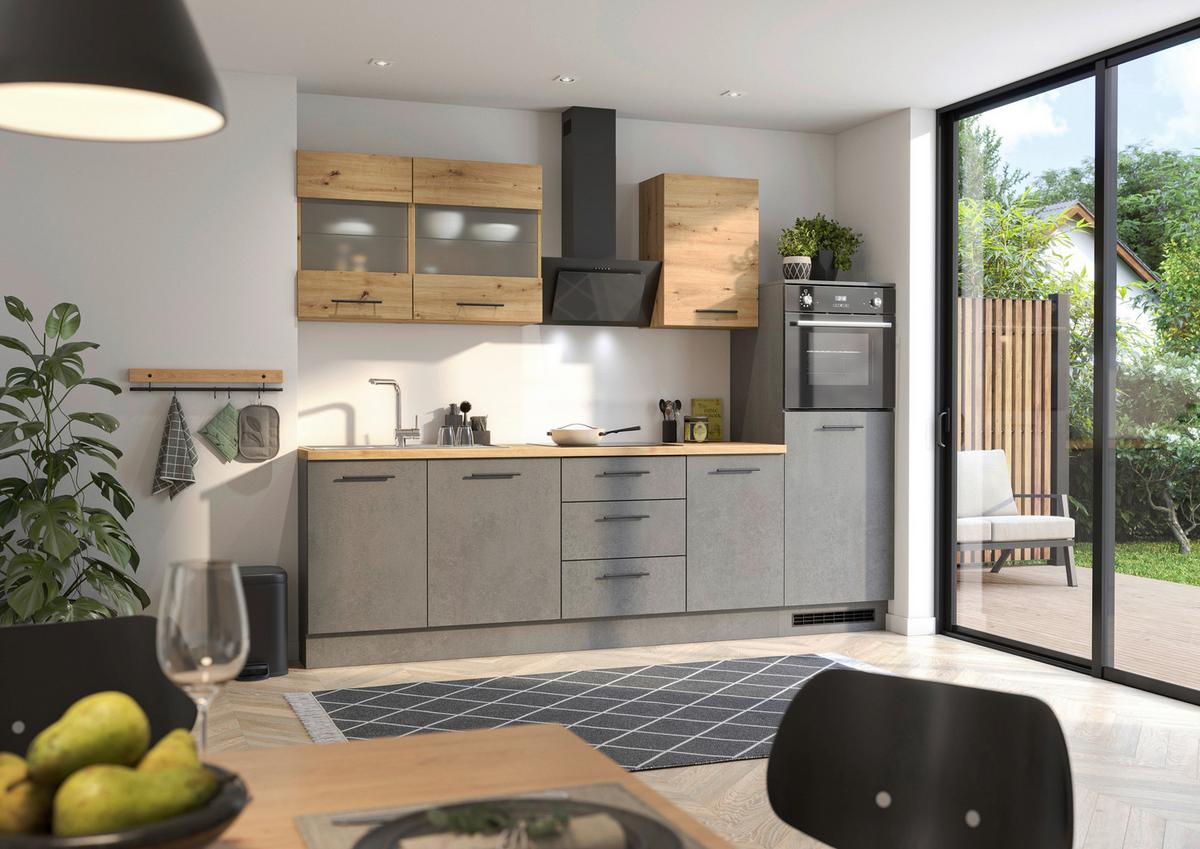 Küchenblock Capri D. Grau/eiche Dekor B: 280 Cm - Dunkelgrau/Eiche Artisan, Basics, Glas/Holzwerkstoff (280cm) - MID.YOU