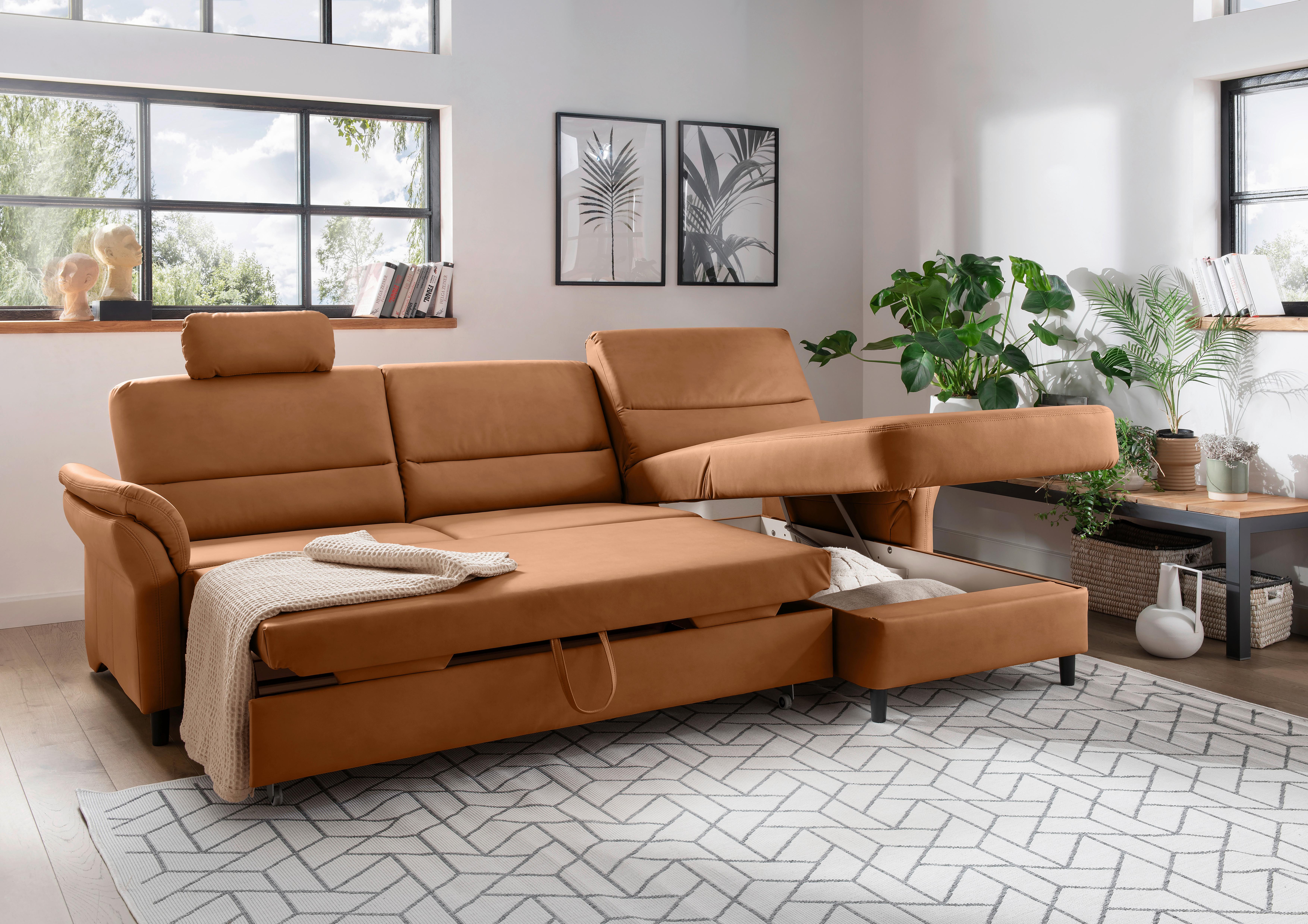 Ecksofa Cavoli, Cognac S: 279x176 cm - Cognac/Schwarz, MODERN, Textil (279/176cm) - Livetastic