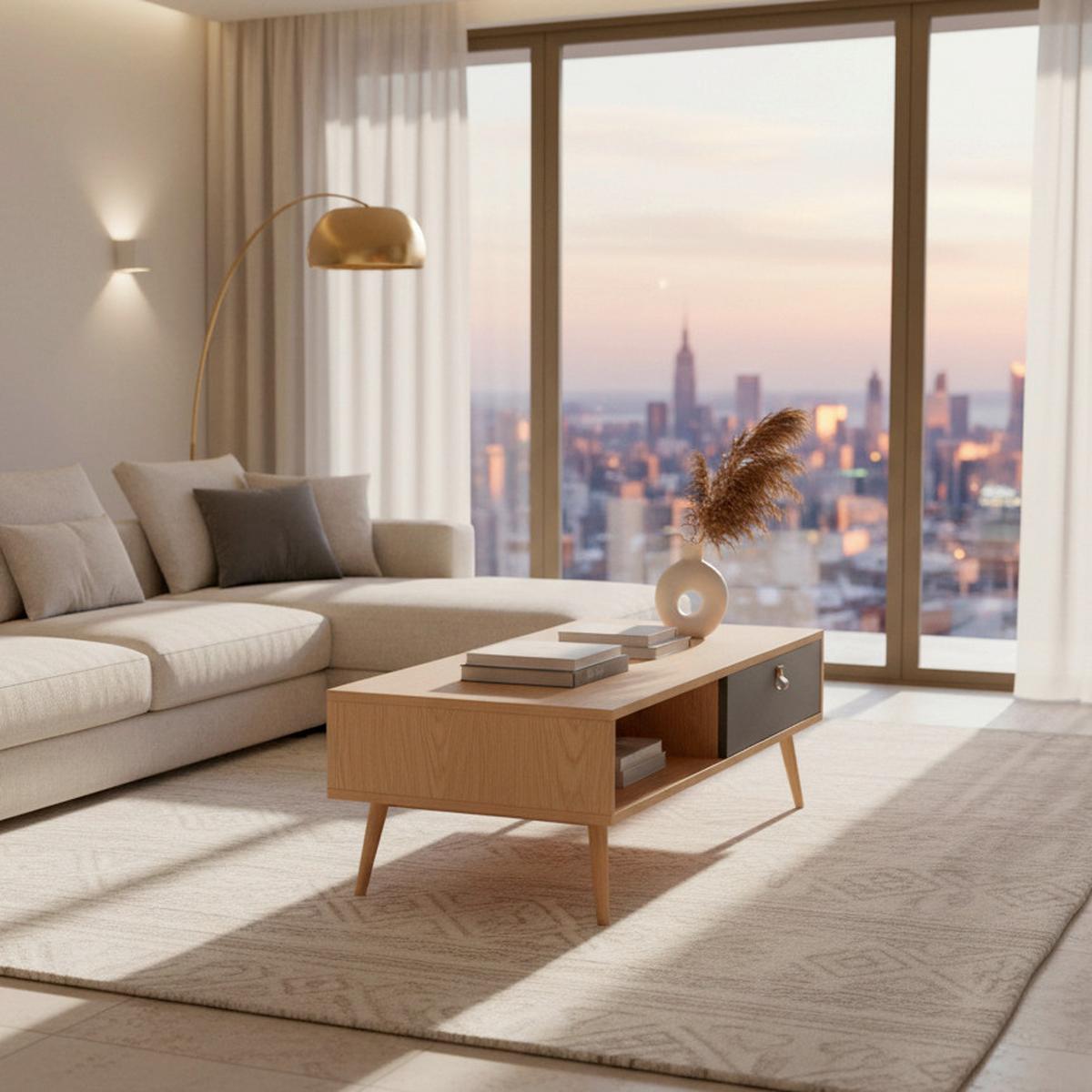 Konferenční stolek LENA přírodní barvy/šedá - šedá/přírodní barvy, Moderní, dřevo/kompozitní dřevo (120/40/60cm) - Bessagi Home