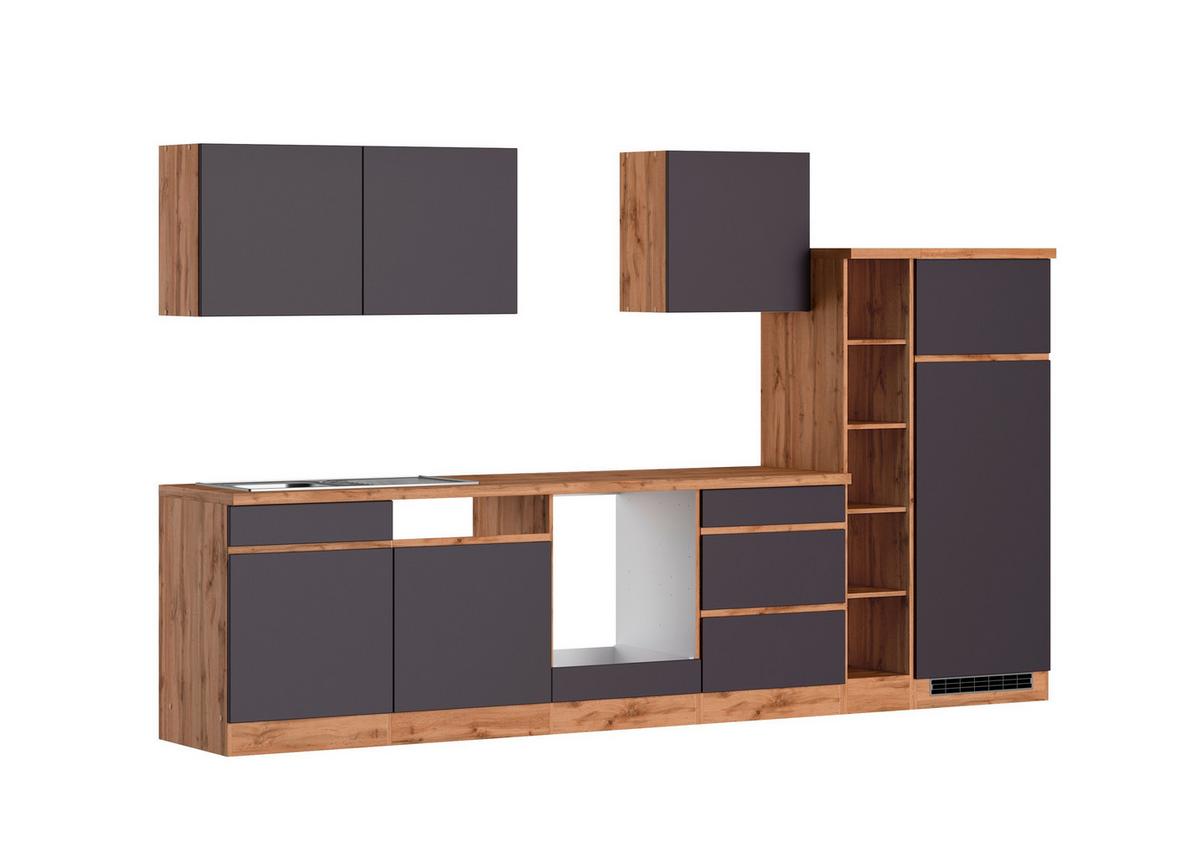 Küchenzeile Turin ohne Geräte B: 330cm Grau/Wotaneiche Dekor - Eiche Wotan/Grau, Design, Holzwerkstoff (330cm) - Held