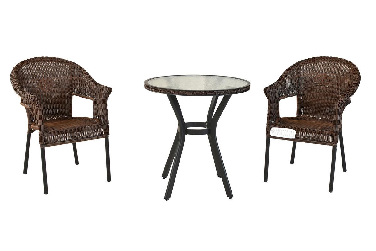 Gartentischgruppe Ravenna 3--Teilig., Kunststoff+sitzkissen - Dunkelbraun/Graphitfarben, KONVENTIONELL, Glas/Kunststoff - Gardenson