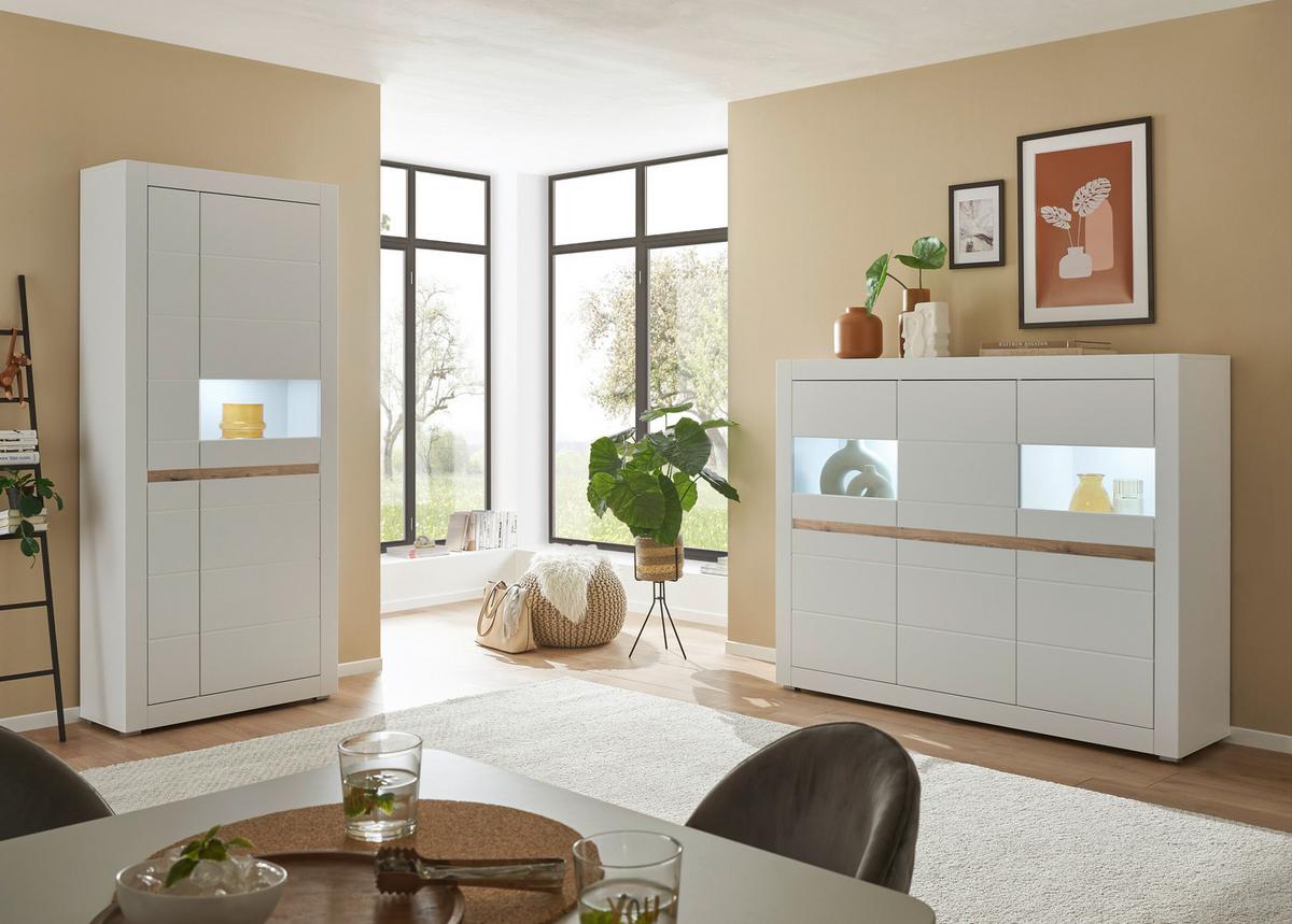 Vitrine Chester Weiß/Eichefarben B: 85cm - Eichefarben/Silberfarben, Design, Holzwerkstoff (85/198/35cm) - MID.YOU