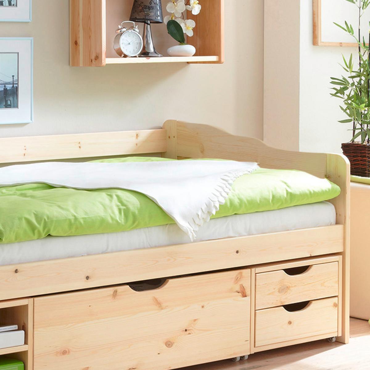 Stauraumbett Echtholz Massiv 90x200 Marlies, Kiefer Natur - Kieferfarben, MODERN, Holz (90/200cm) - MID.YOU