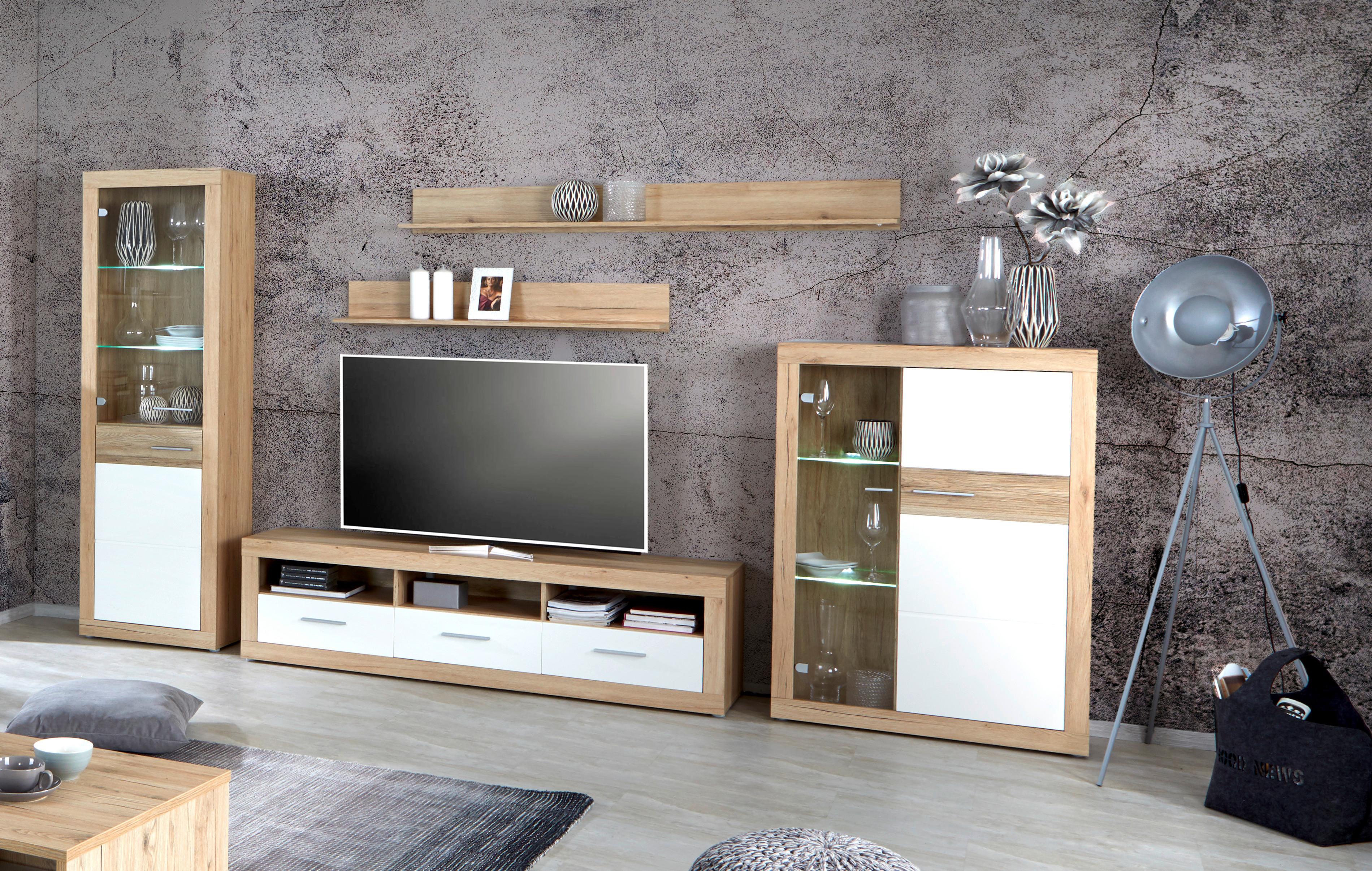 Wohnkombination 5 -Teilig. mit Led Malta 8, Eiche Dekor/Weiß - Eichefarben/Weiß, MODERN, Glas/Holzwerkstoff (329/197/42cm)