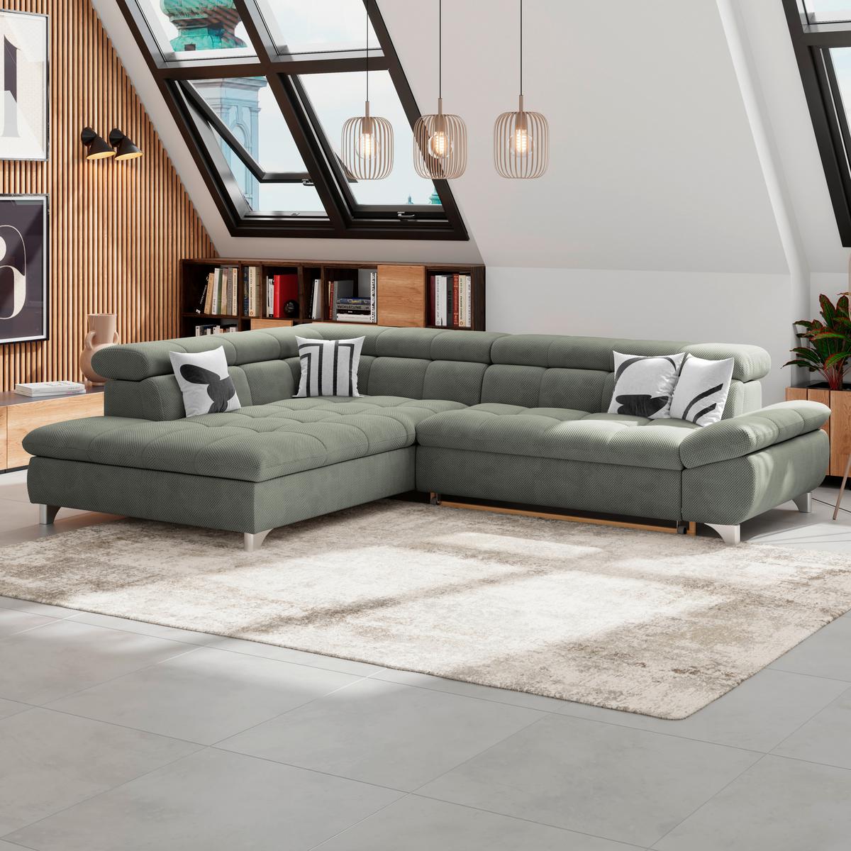 Eckbank Gemini Grün, B: 234cm - Chromfarben/Grün, KONVENTIONELL, Textil (234/312cm)