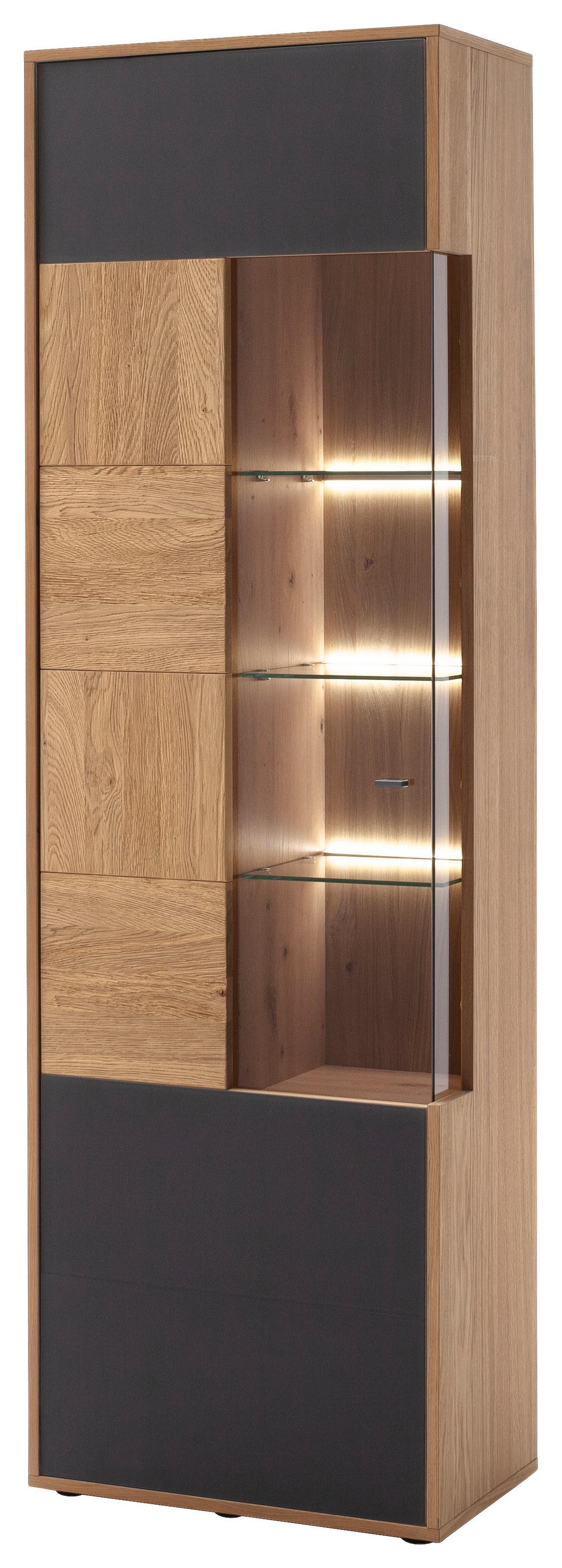 Vitrine Valencia B: 64 cm teilmassiv Anthrazit/Eiche - Eiche Bianco/Anthrazit, Design, Glas/Holz (64/207/37cm) - MID.YOU