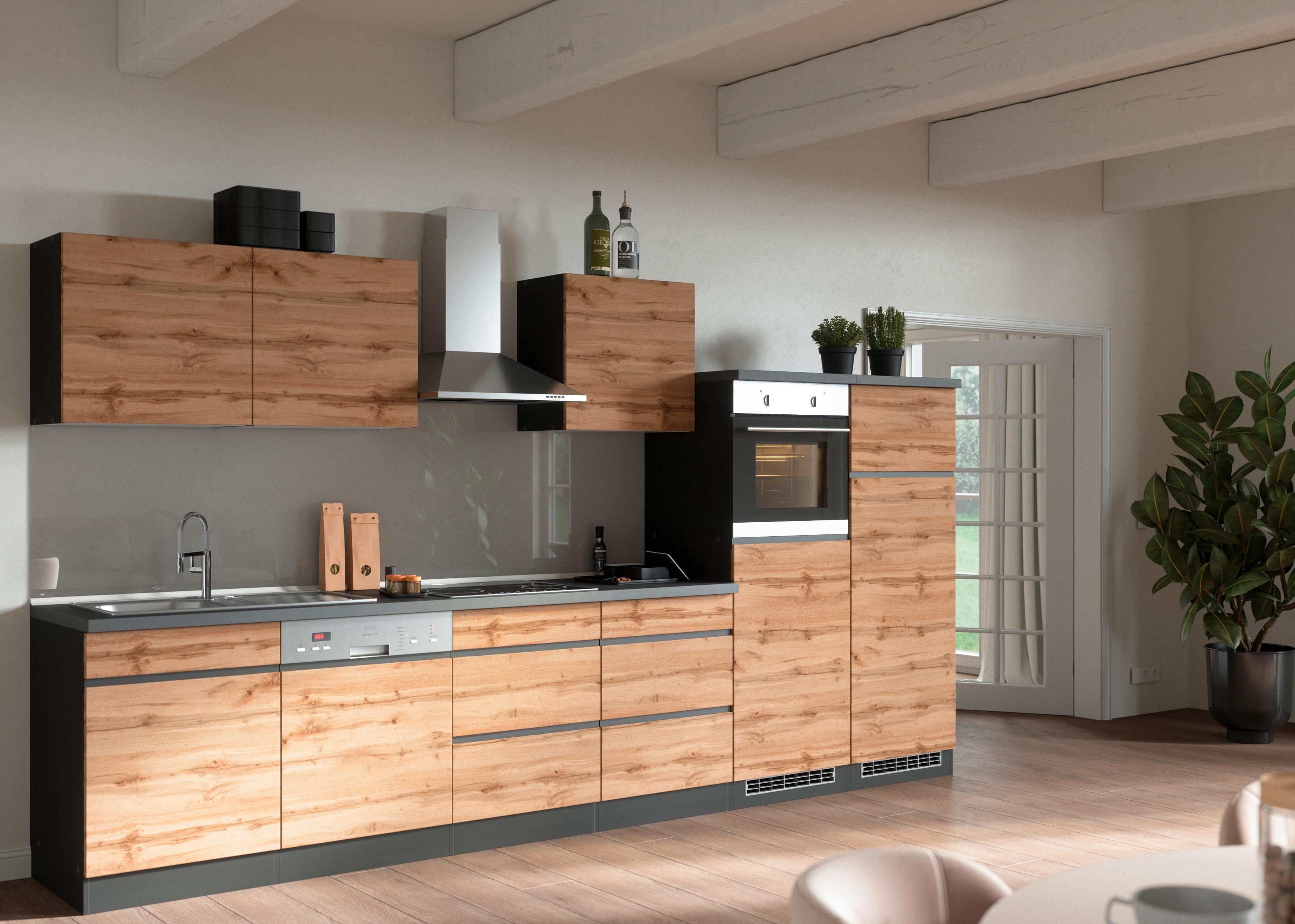 Küchenzeile Turin mit Geräten B: 360 cm Graphit/Eichen Dekor - Eiche Wotan/Graphitfarben, Design, Holzwerkstoff (360cm) - Held