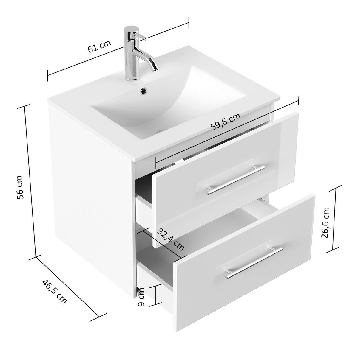 WASCHTISCHKOMBI Homeline, Weiß HG B: 61,5cm - Weiß Hochglanz/Weiß, Basics, Keramik/Holzwerkstoff (61,5cm) - MID.YOU