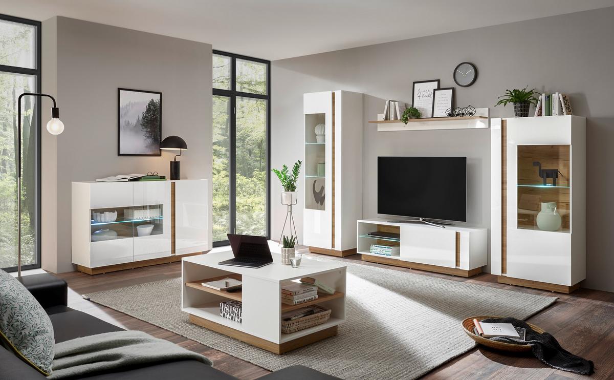 Wohnwand Clair Weiß/Eichefarben B: 290cm - Eichefarben/Weiß, Design, Glas/Holzwerkstoff (290/194/40cm) - MID.YOU