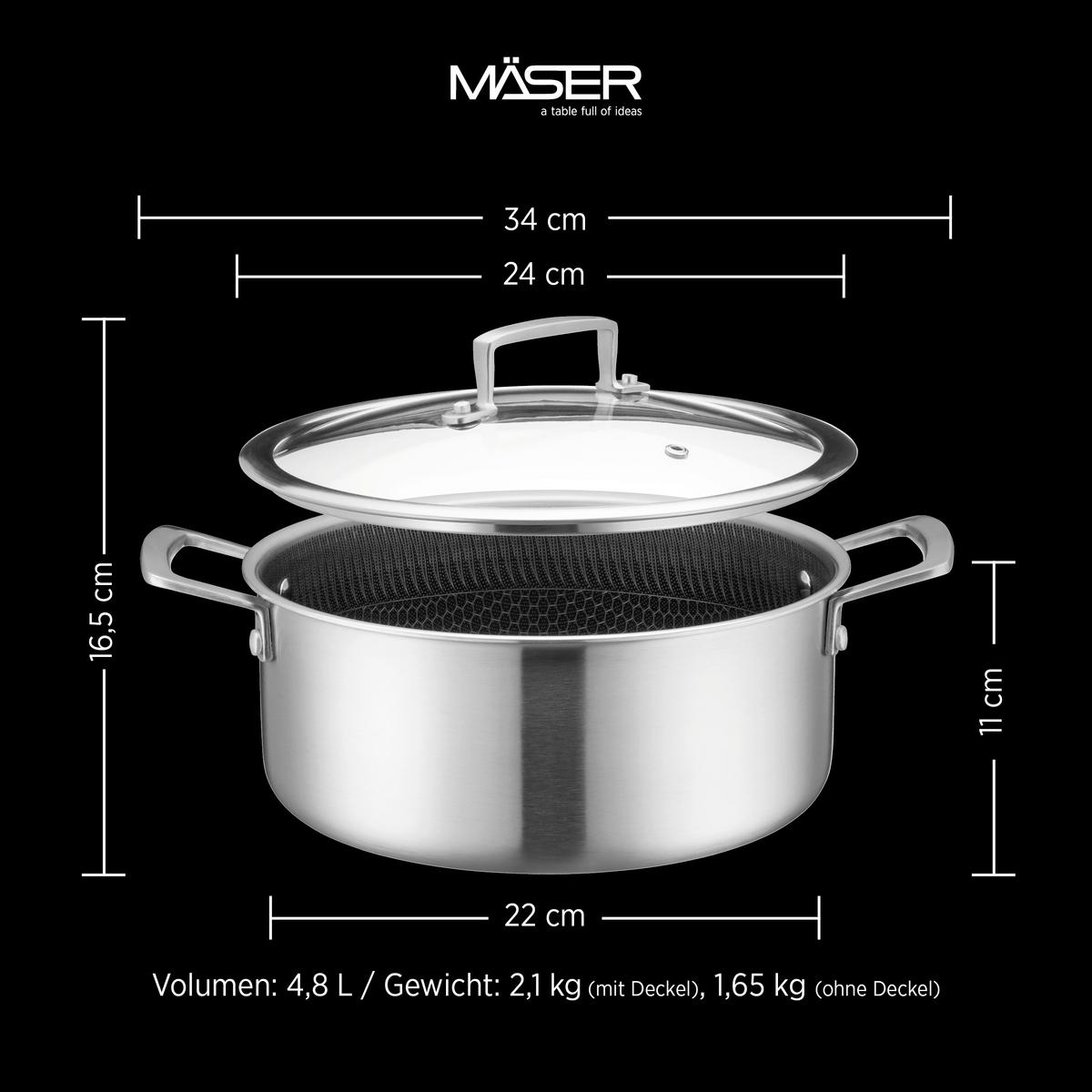 Kochtopf D: ca. 24x16,5cm Edelstahl - Silberfarben/Schwarz, Basics, Metall (24/16,5cm) - Mäser