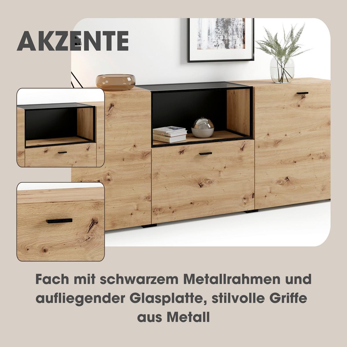 Sideboard Frame Eiche Artisan/Schwarz B: 200cm - Schwarz/Eiche Artisan, Design, Holzwerkstoff (200/75,5/37,5cm) - MID.YOU