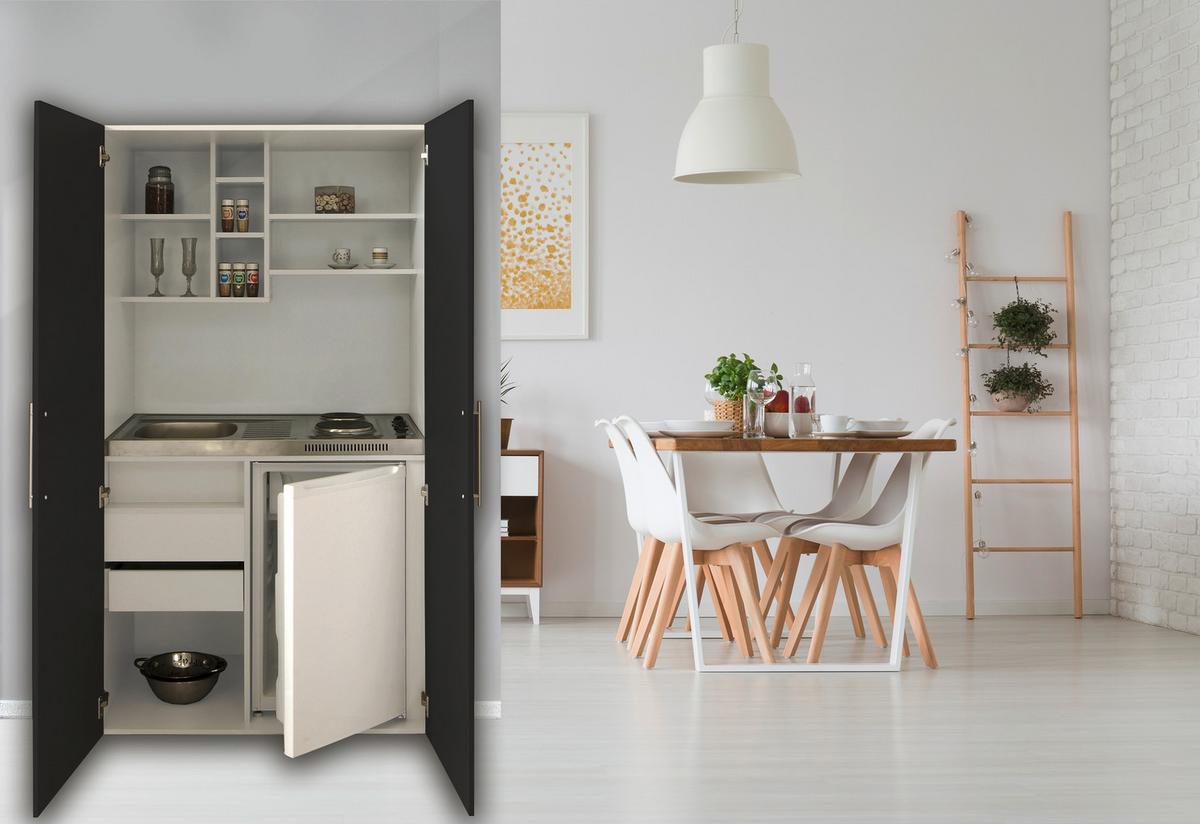 Schrankküche mit Kühlschrank + Kochfeld 104 cm Modern - Silberfarben/Schwarz, MODERN, Holzwerkstoff/Metall (104/193/67cm) - Respekta