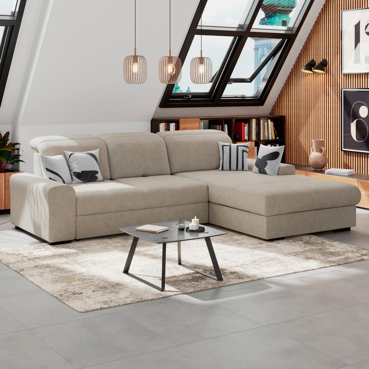 Ecksofa mit Bettfunktion Malaga new Chenille beige - Beige/Schwarz, KONVENTIONELL, Textil (286/203cm) - Ondega