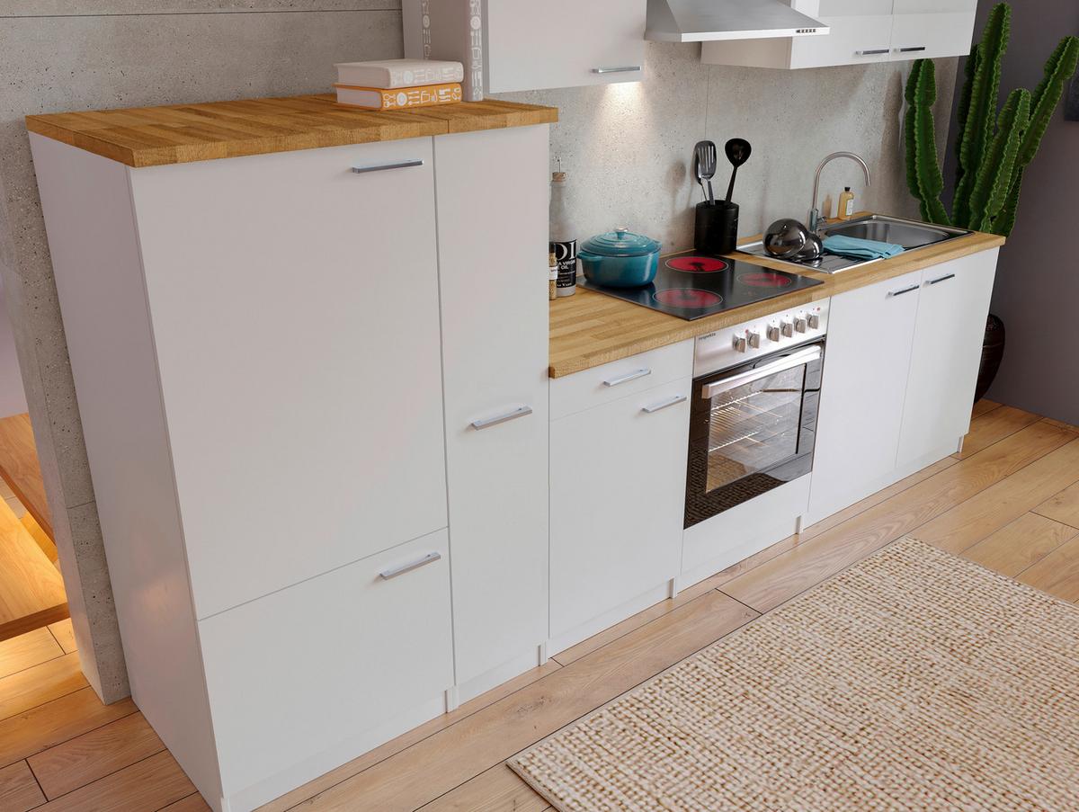 Küchenzeile ohne Geräte B: 300 cm Weiß/Nussbaum Dekor, Modern - Nussbaumfarben/Weiß, Basics, Holzwerkstoff (300cm) - Respekta
