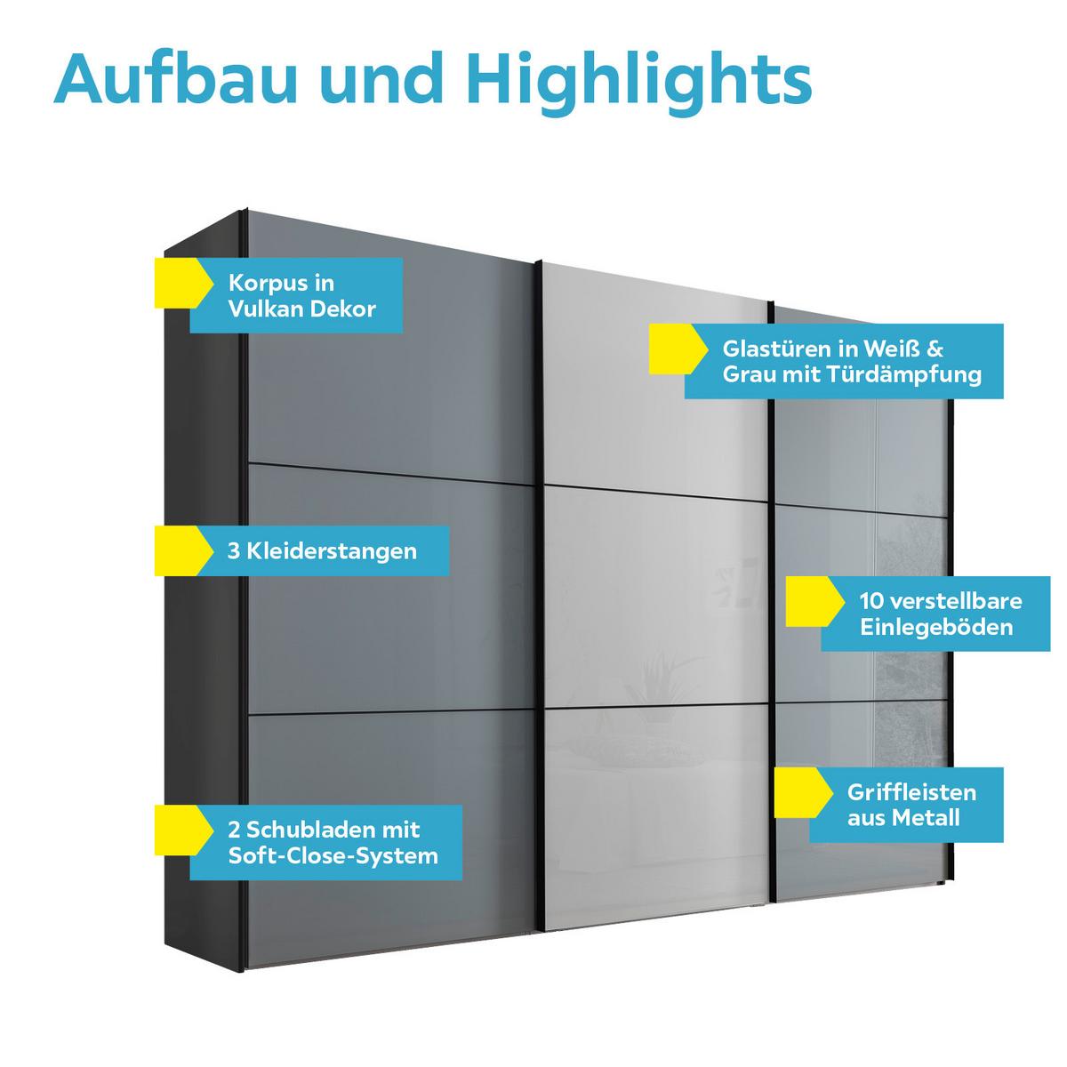 Schwebetürenschrank Glasfront 280 Cm Includo, Hellgrau/weiß - Dunkelgrau/Hellgrau, MODERN, Glas/Holzwerkstoff (280/222/68cm)