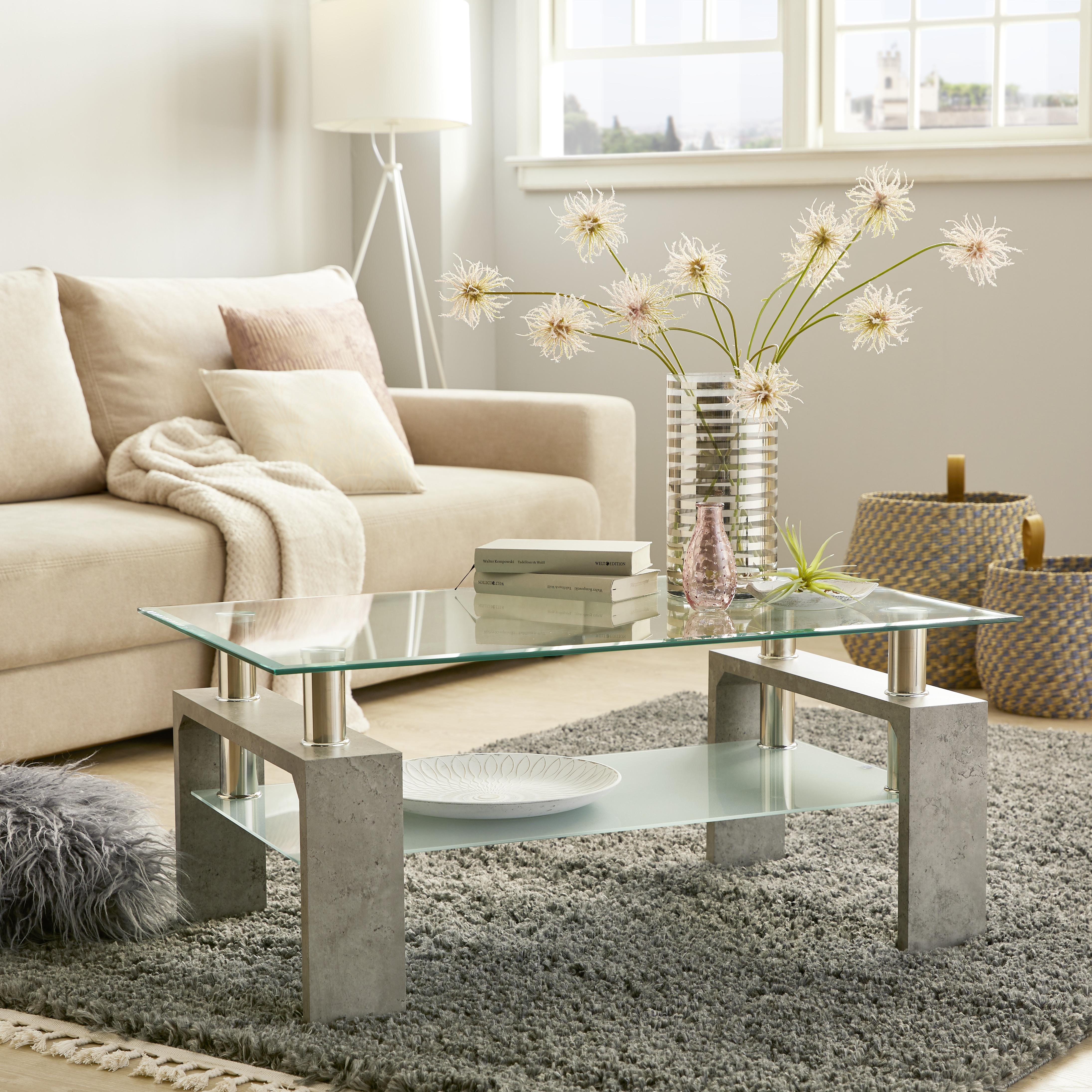 Couchtisch Glas mit Ablagefach Silvia, Betonoptik Hell - Klar/Hellgrau, MODERN, Glas/Holzwerkstoff (100/45/60cm)