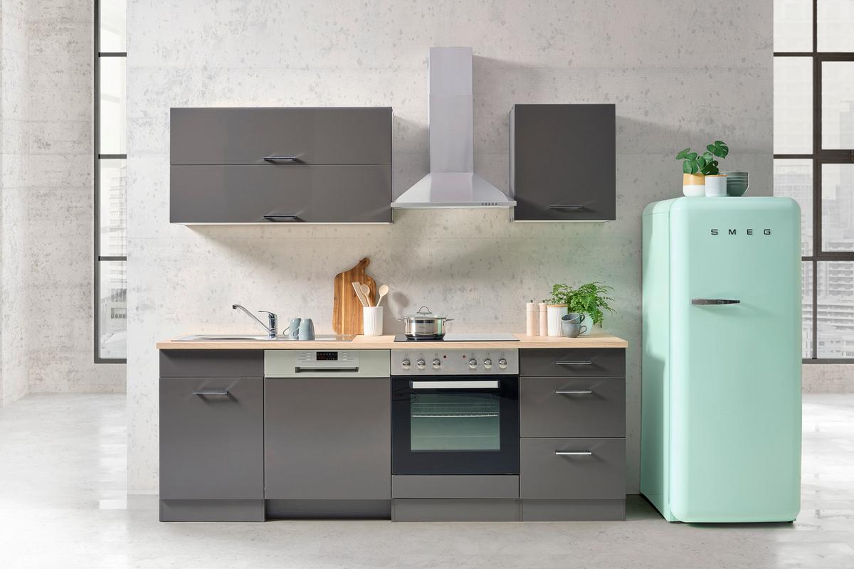 Küchenzeile Mailand M. Geräten 220 Cm Anthrazit Hochglanz - Eichefarben/Anthrazit, MODERN, Holzwerkstoff (220cm) - Held