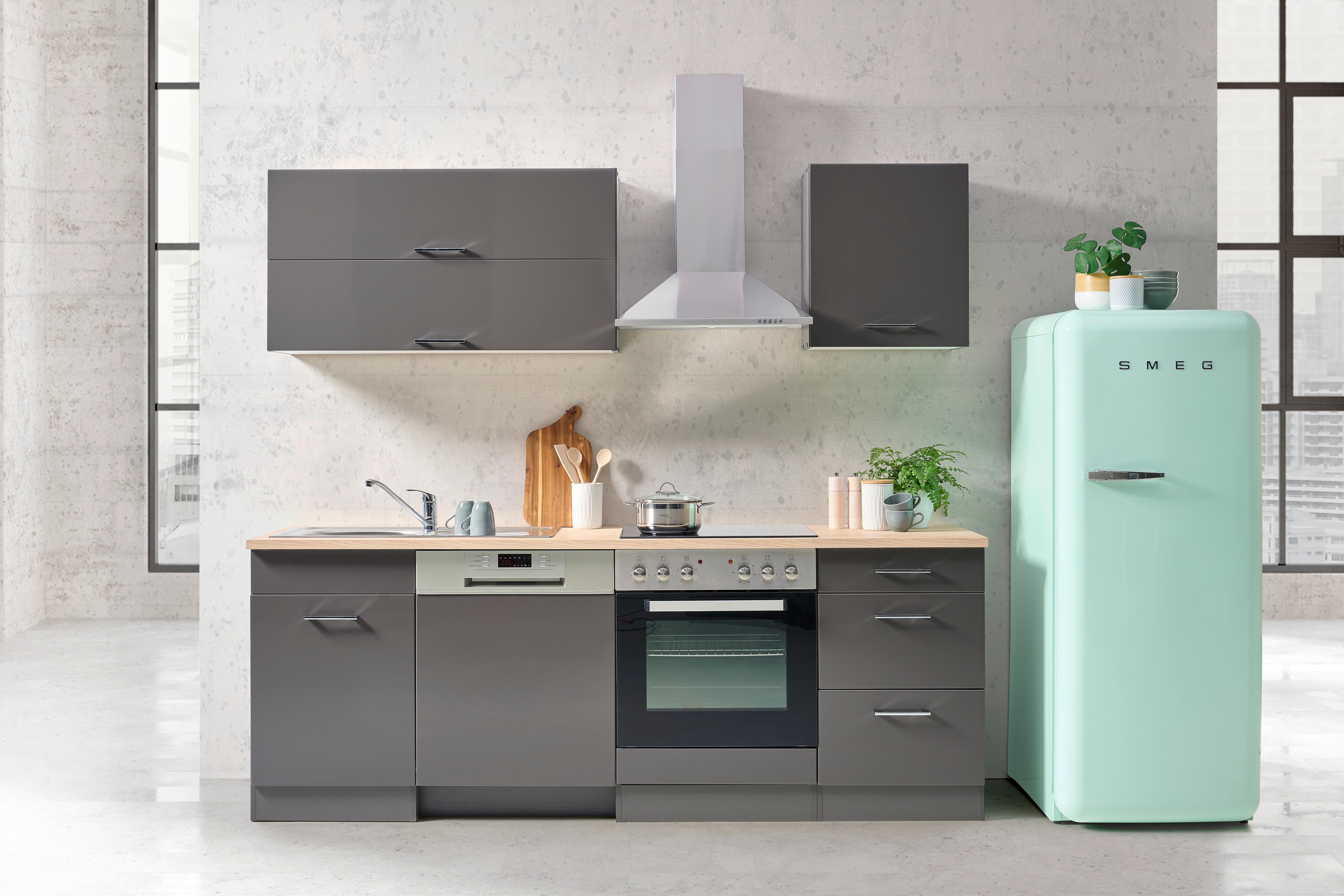 Küchenzeile Mailand M. Geräten 220 Cm Anthrazit Hochglanz