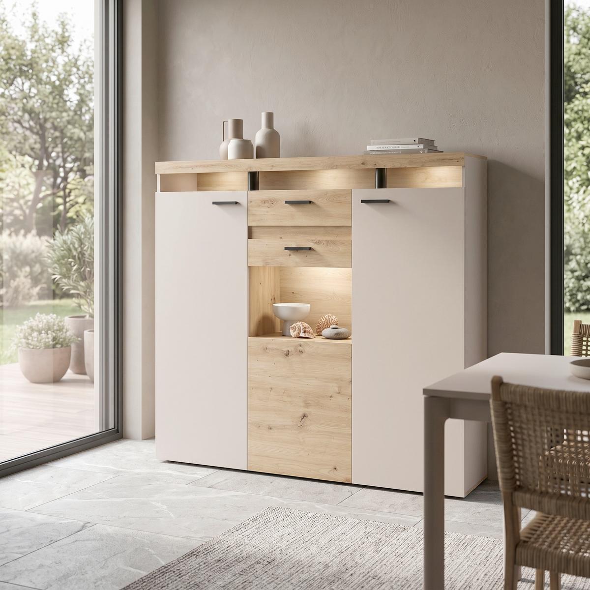 Highboard Strada Giga Eiche Artisan/Kashmir, B:151cm - Kaschmir/Schwarz, Trend, Glas/Holzwerkstoff (151/129/37cm)