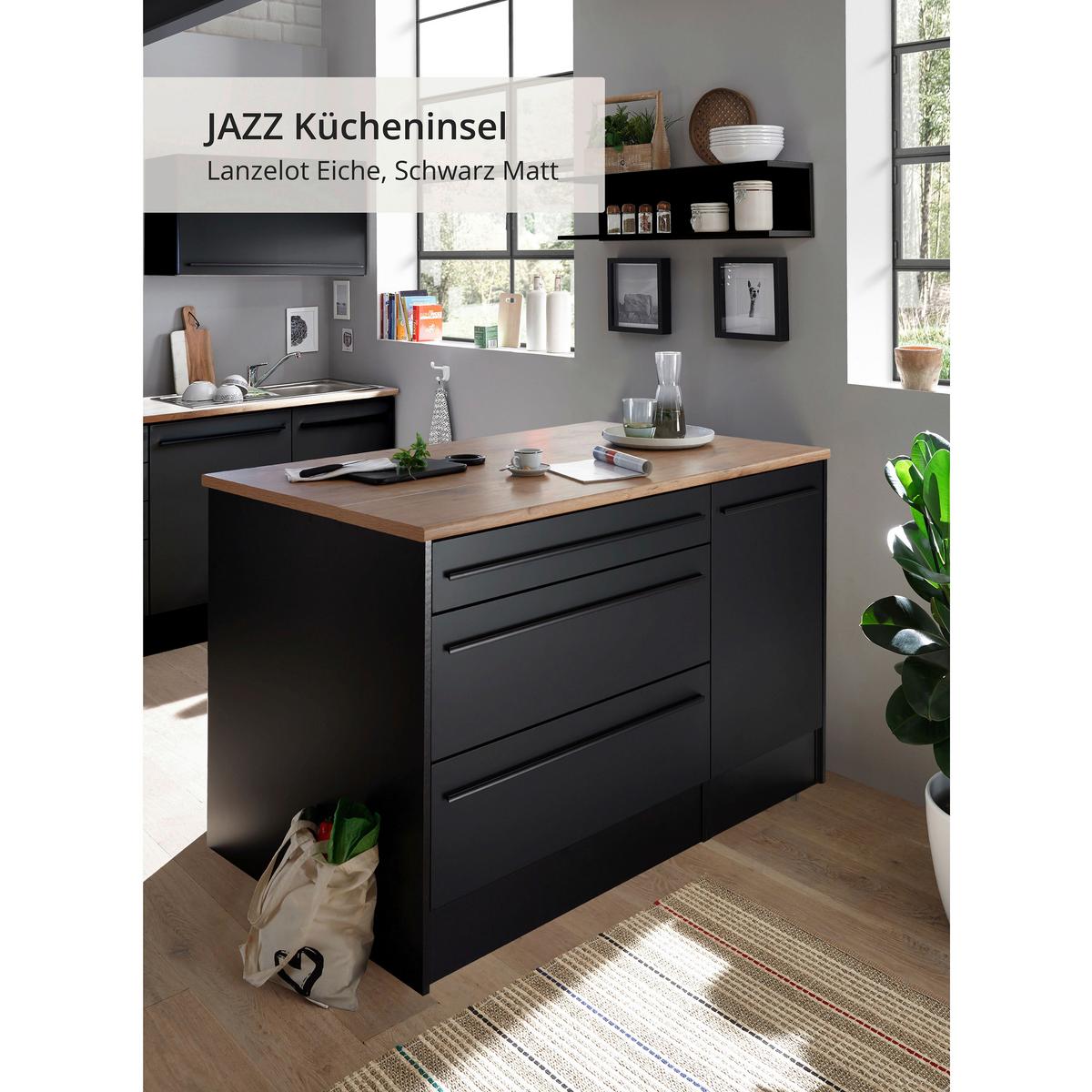 Kücheninsel Jazz Schwarz/eiche Dekor 145x90x90 Cm - Eichefarben/Schwarz, KONVENTIONELL, Holzwerkstoff (145/90/90cm) - MID.YOU