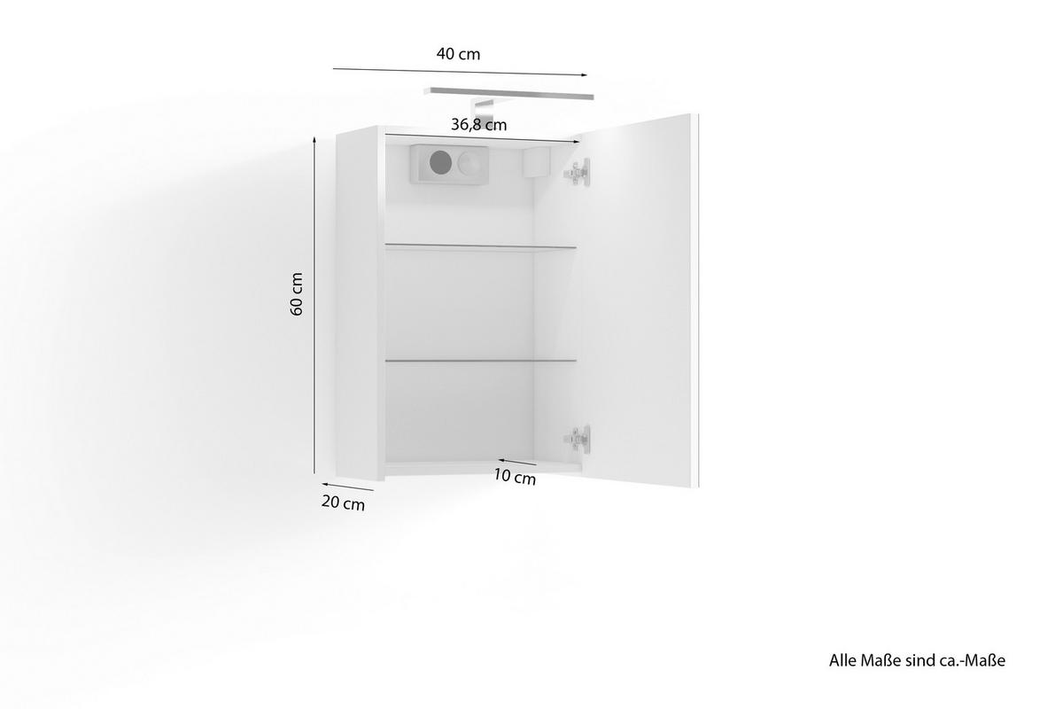 Spiegelschrank Spree Mit Led 1 Tür Bht 40x60x20 Cm Weiß - Weiß, MODERN, Glas/Holzwerkstoff (40/60/20cm) - MID.YOU