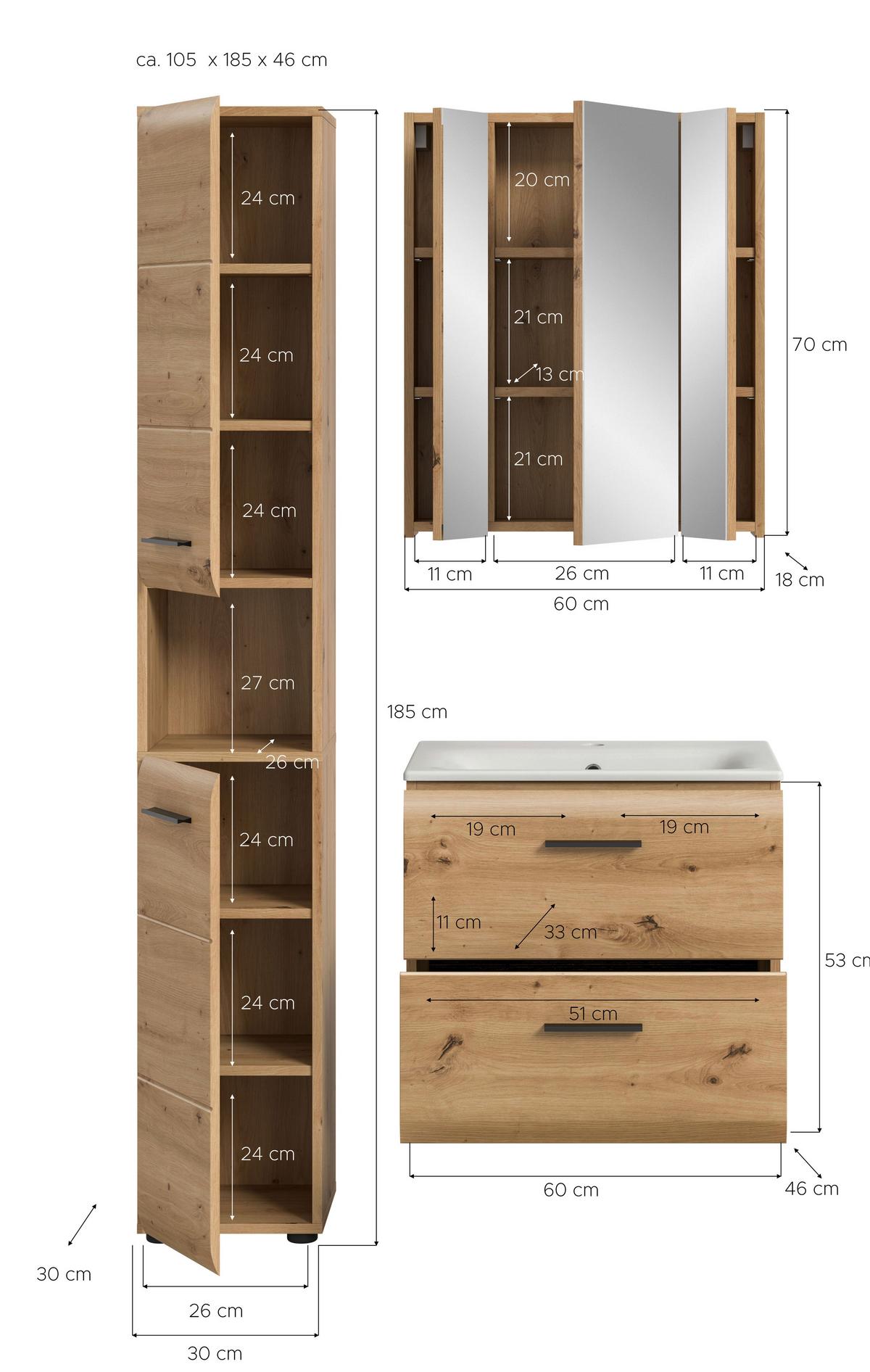 Badezimmer Ice Eiche Artisan Dekor B: 90cm - Schwarz/Eiche Artisan, Basics, Keramik/Holzwerkstoff (90cm) - MID.YOU