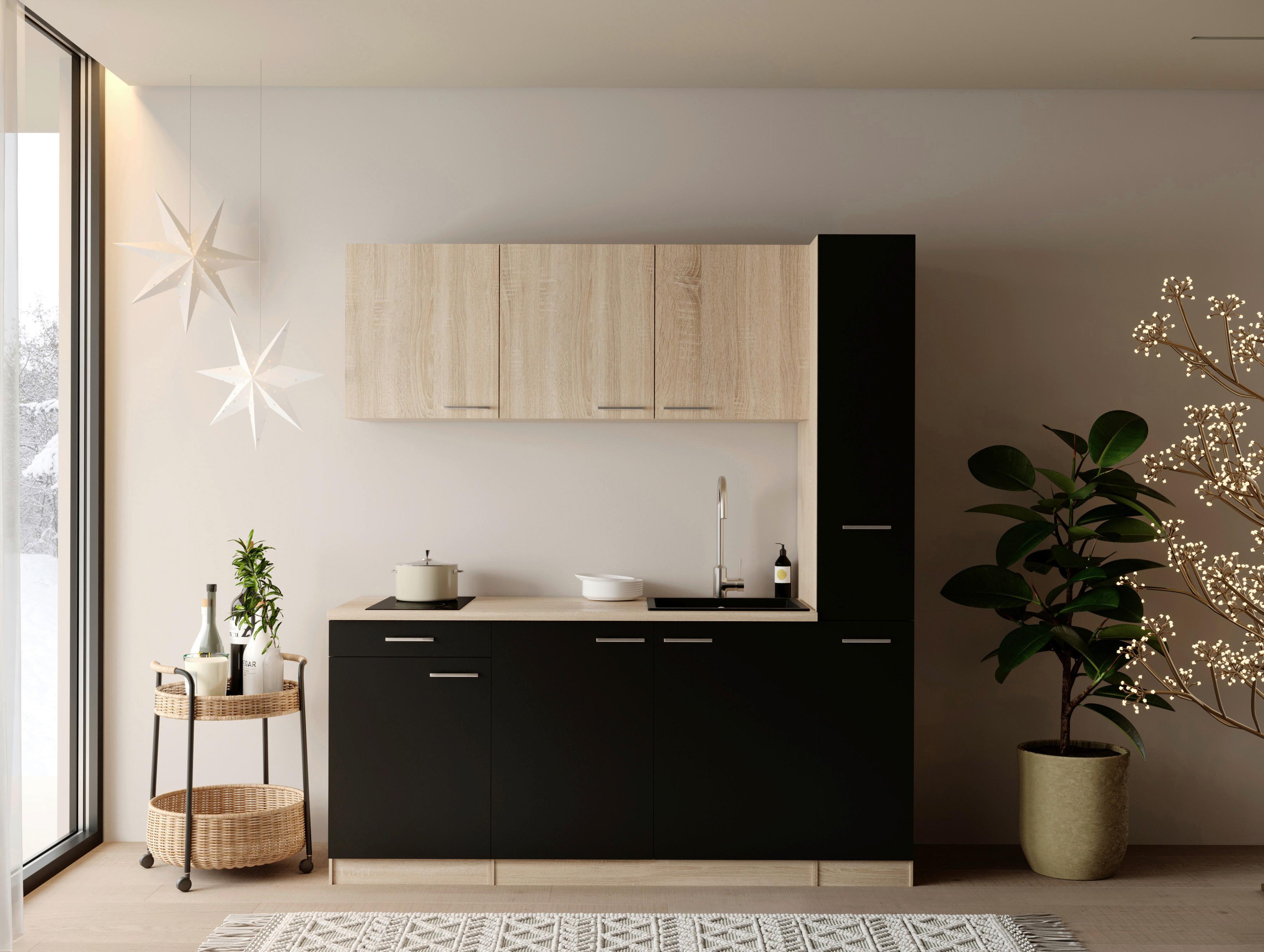 KÜCHENBLOCK Ingrid, Schwarz B: 180 cm - Eichefarben/Schwarz, Design, Holzwerkstoff (180cm) - Respekta