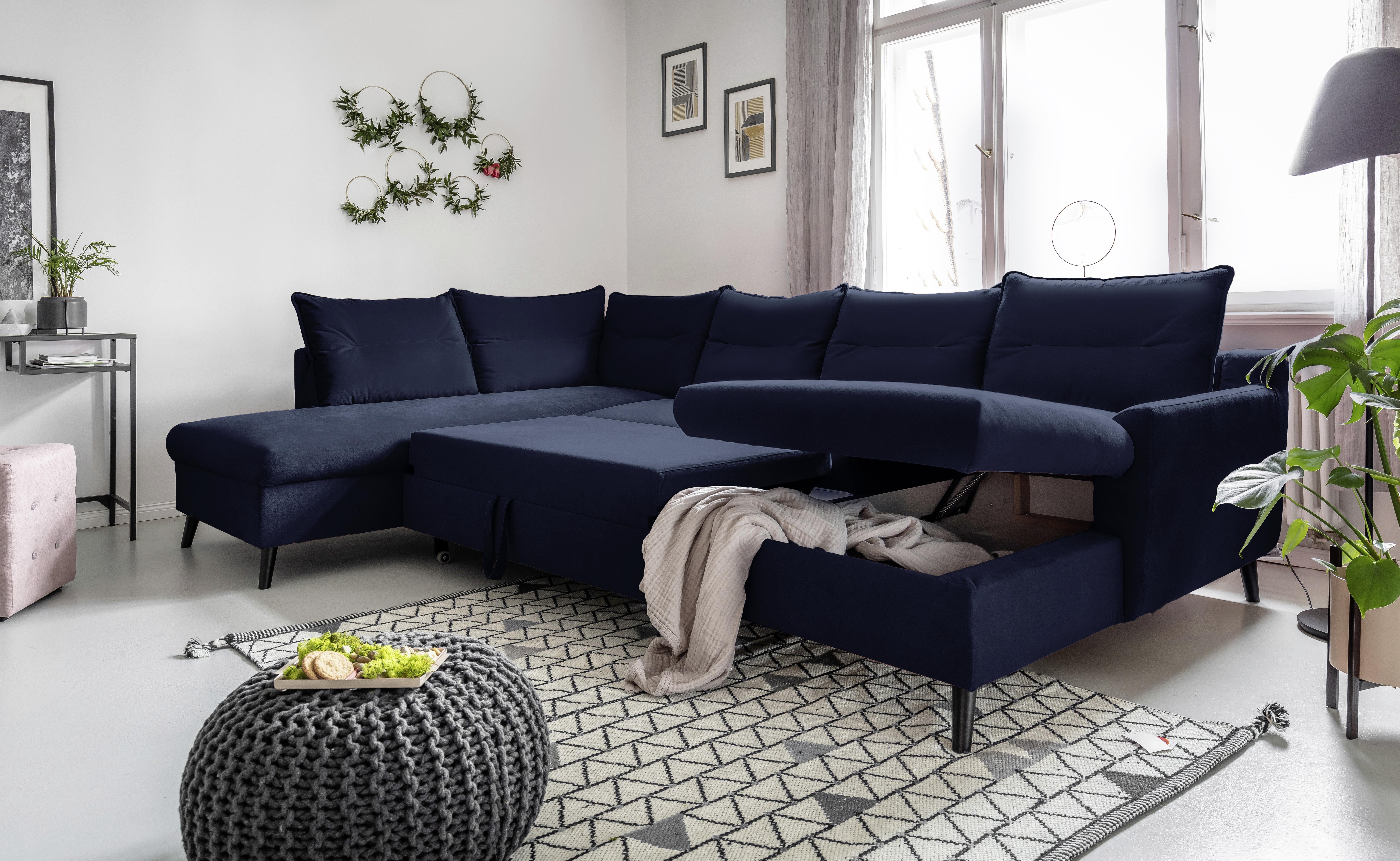 Rozkládací Sedačka Ve Tvaru U Stylish Stan Námořnícka Modrá - černá/tmavě modrá, Basics, dřevo/textil (200/300/150cm) - MID.YOU