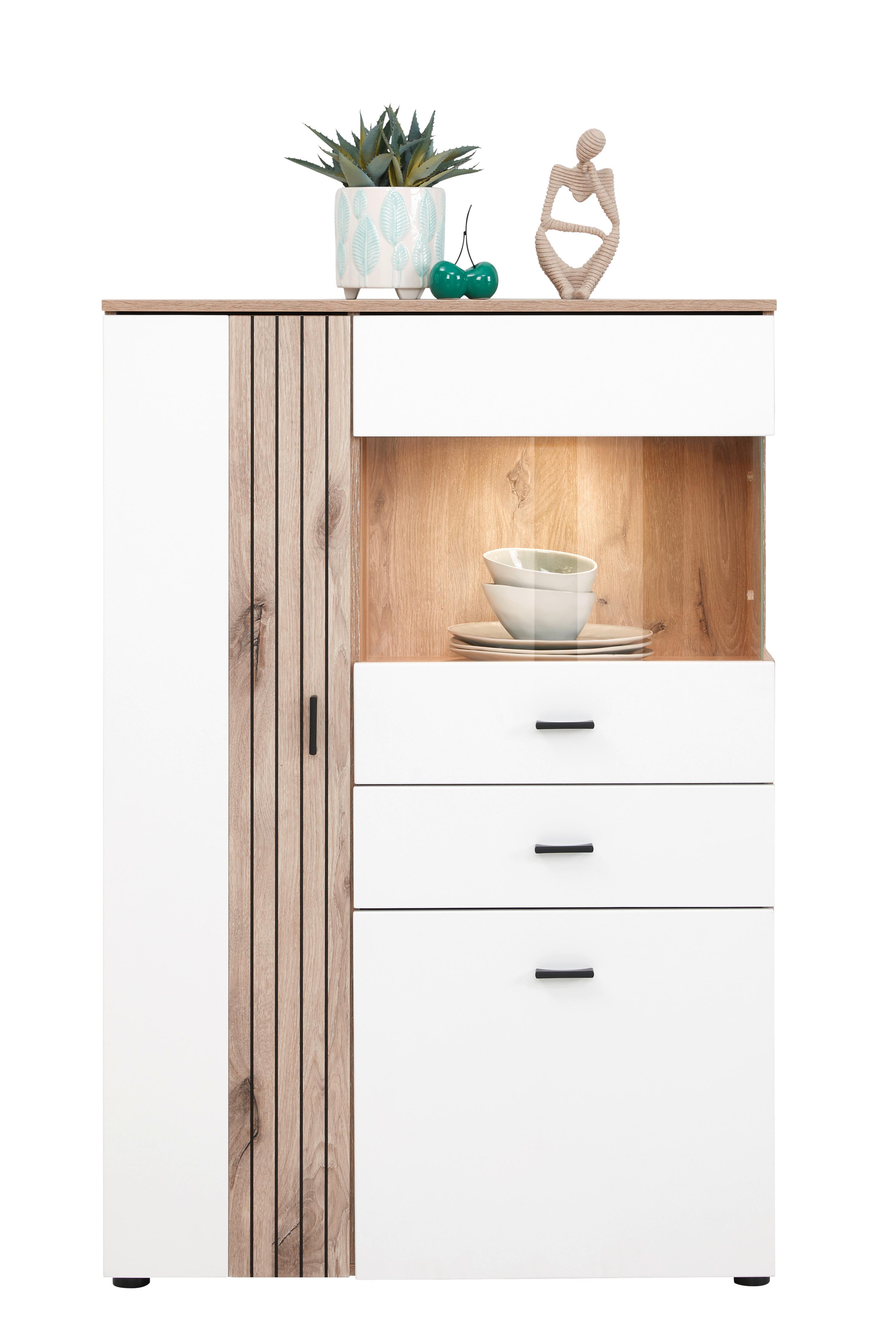 Vitrine Liverpool B: 87 cm mit Beleuchtung Weiß/Eichef. - MODERN, Holzwerkstoff (87/129/38cm)