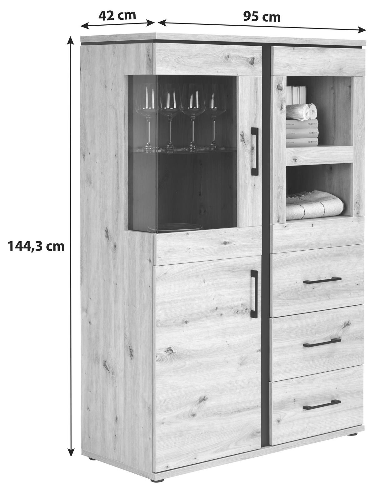 VITRÍNA NATURE - čierna/farba duba, Konventionell, kov/kompozitné drevo (95/144,3/42cm)