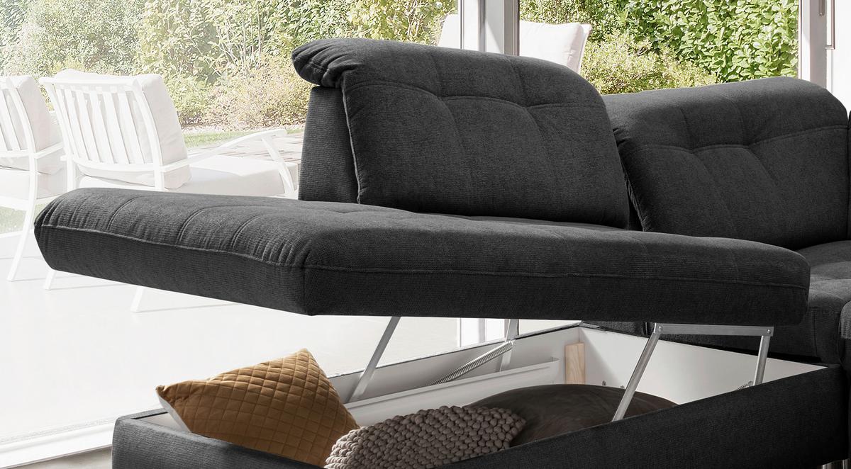 Wohnlandschaft Mit Bettkasten Rigatti Anthrazit B: 387 Cm - Anthrazit/Schwarz, MODERN, Textil (252/387/184cm) - Livetastic