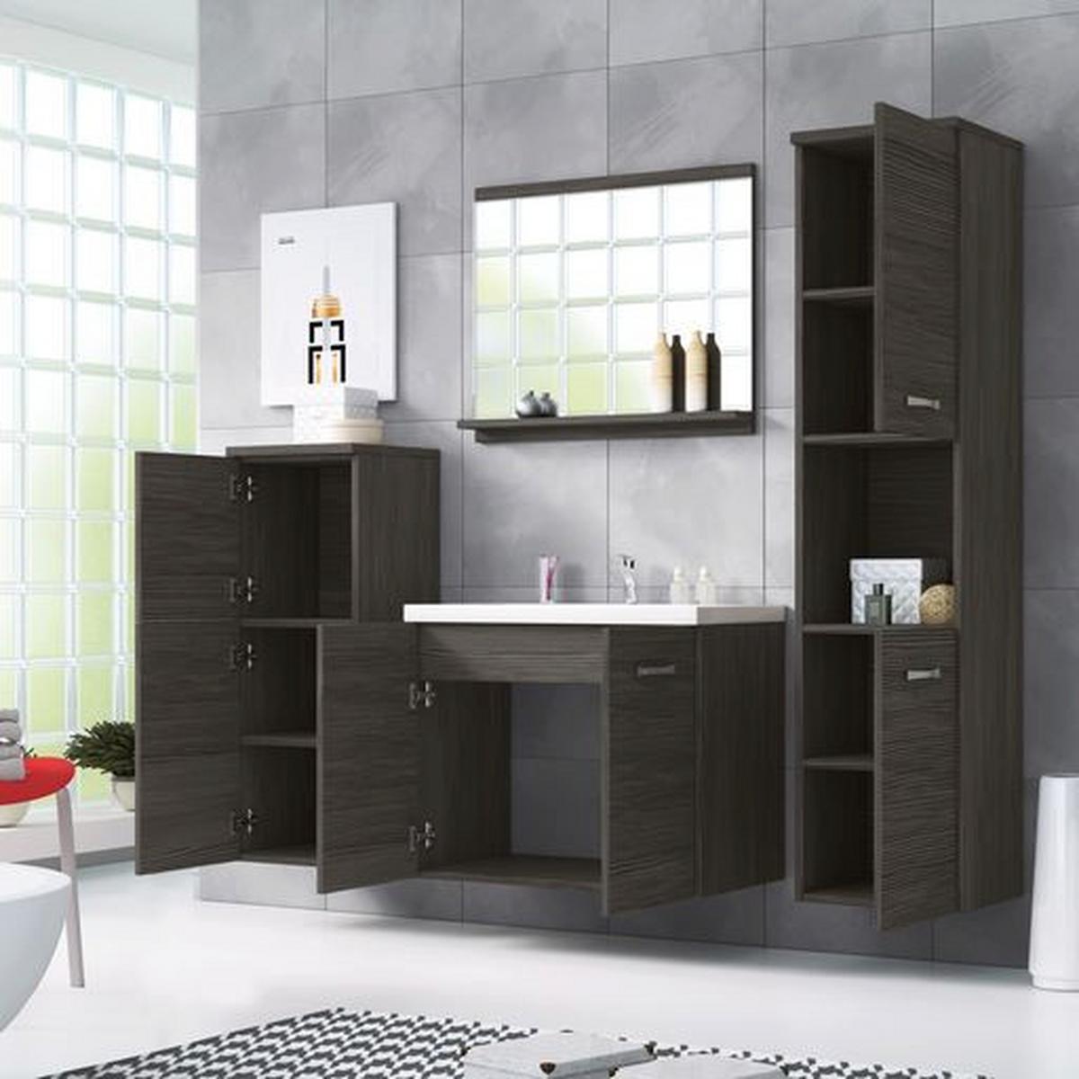 Kúpeľňa, 5 dielna sada , DUB TMAVÝ - biela/biela s vysokým leskom, Lifestyle, kov/kompozitné drevo (120cm) - P & B