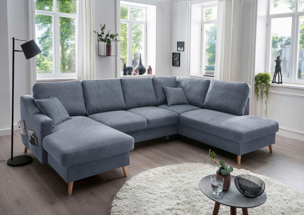 Wohnlandschaft Valentina Mit Schlaffunktion Blau - Blau/Naturfarben, KONVENTIONELL, Textil (150/301/200cm) - P & B