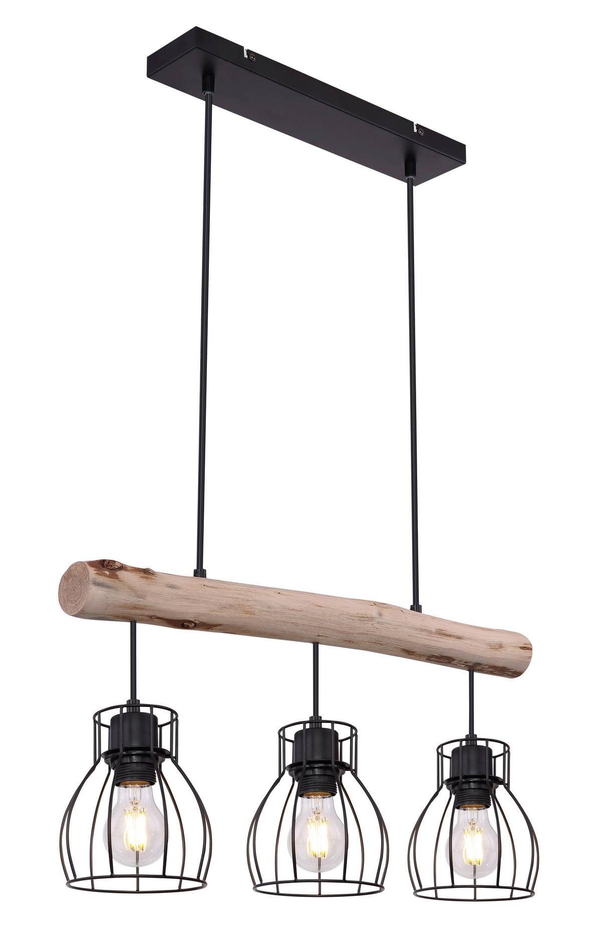 Hängeleuchte H: 140 cm 3-Flammig - Schwarz/Naturfarben, Natur, Holz/Metall (60/13,6/140cm) - Globo