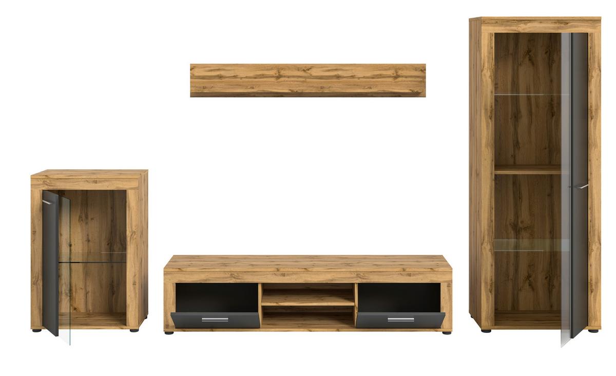 Wohnwand Jam Eiche Wotan Dekor B: 310cm - Eiche Wotan/Schwarz, Design, Glas/Holzwerkstoff (310/169/35cm) - MID.YOU