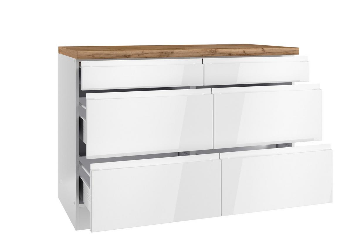 Küchenunterschrank Monza 120 cm Weiß/Eiche Dekor - Weiß Hochglanz/Eiche Wotan, LIFESTYLE, Holzwerkstoff (120/86/60cm) - Held