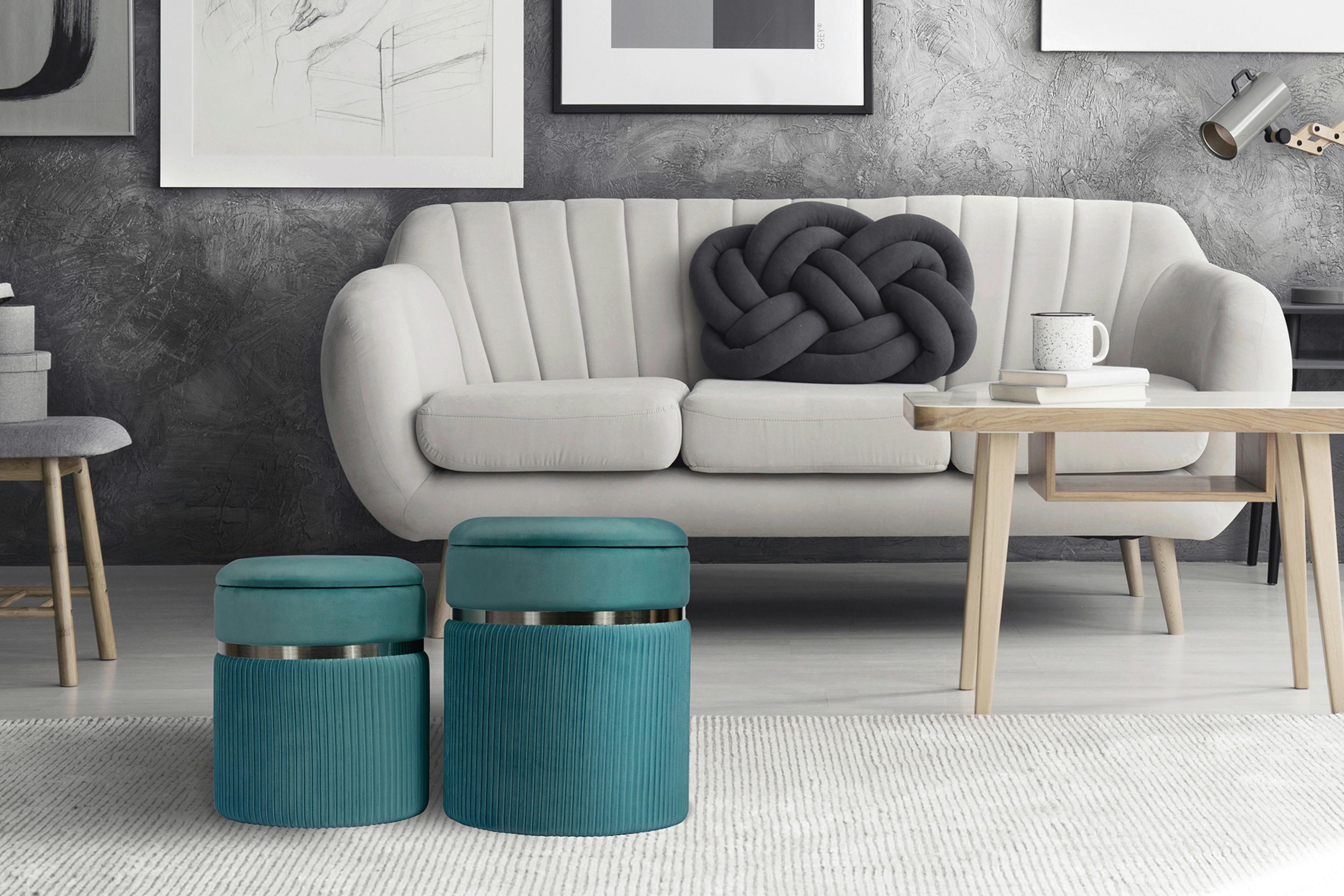 Hockerset Zora 325 Petrol D: 36/31,5 cm - Silberfarben/Petrol, KONVENTIONELL, Textil/Metall (31,5+36cm) - Kayoom