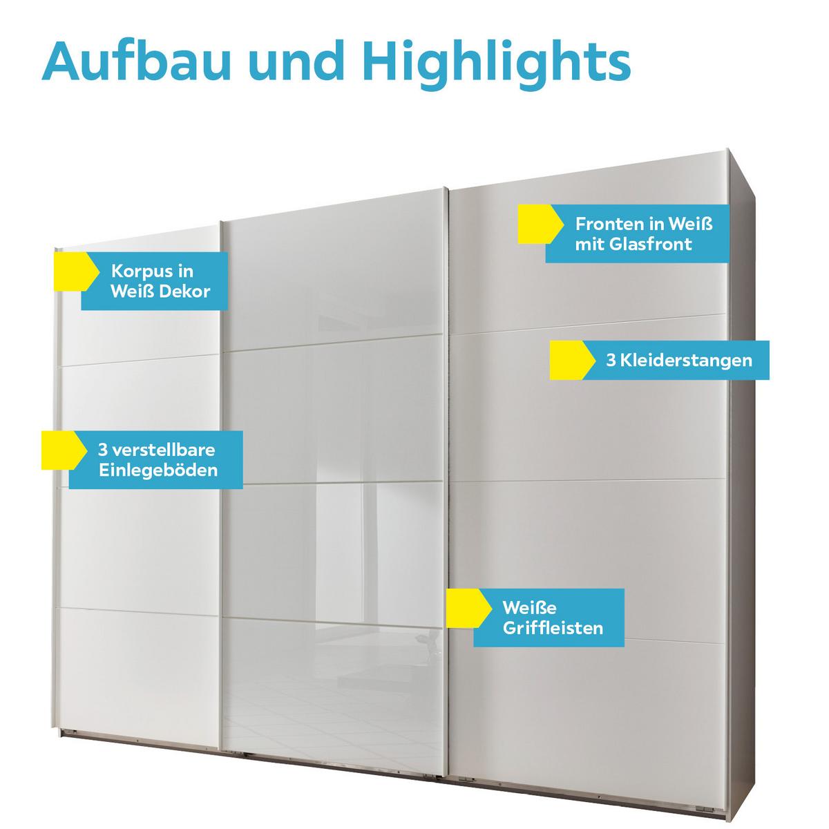 Schwebetürenschrank 270cm Ernesto, Weiß - Weiß Hochglanz/Weiß, Basics, Holzwerkstoff (270/210/65cm) - Livetastic