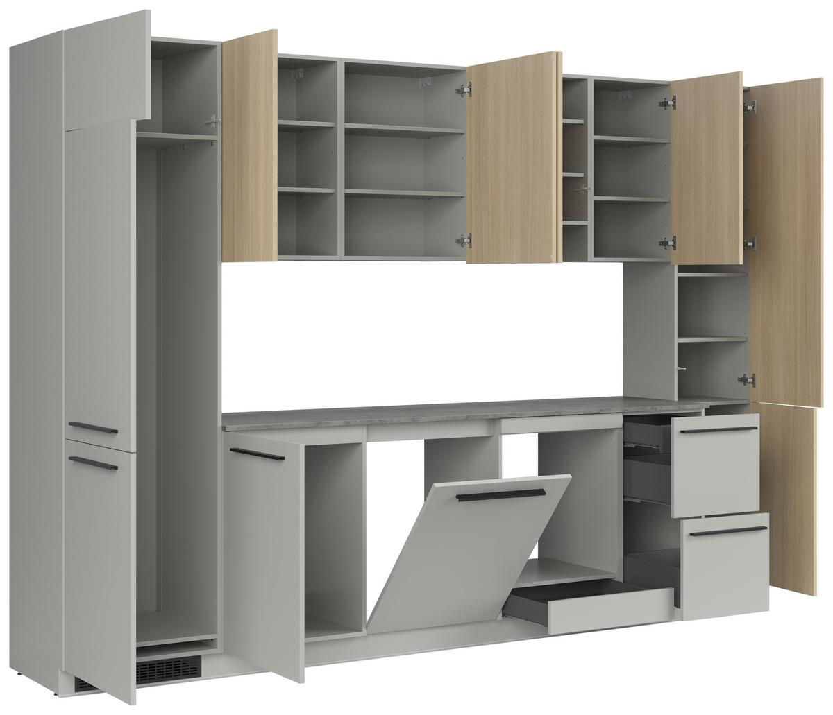 Kuchynská linka MILINO MEDIUM vrát.obkladu a LED regálu - čierna/sivá, Basics, kompozitné drevo/plast (345cm) - Visiona