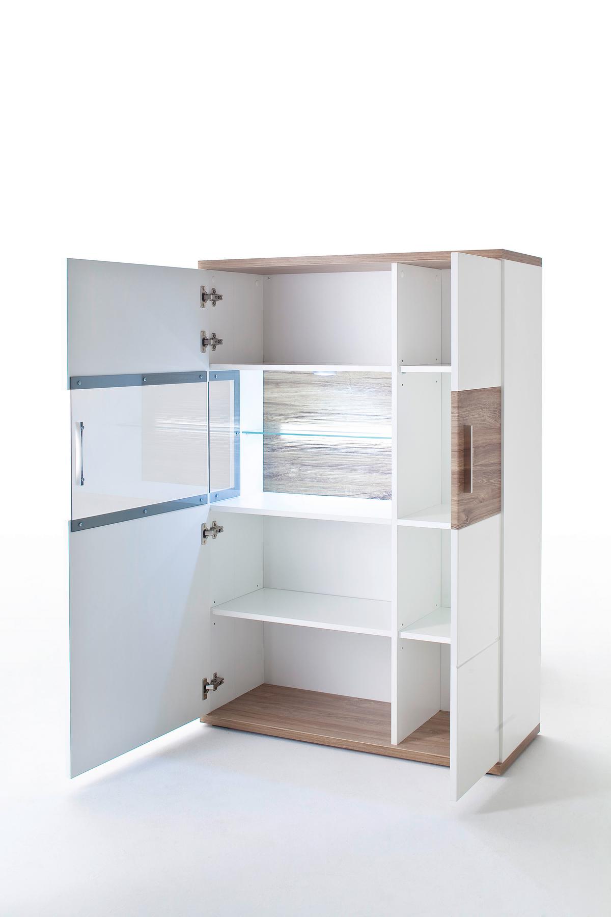 Highboard B: 90 cm Luzern Weiß/Eichefarben - Eichefarben/Weiß, Design, Glas/Holzwerkstoff (90/135/37cm) - Livetastic
