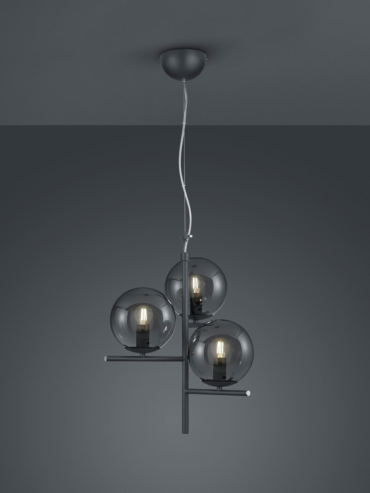 Hängeleuchte Pure H: 150 cm 3-Flammig, Rauchglas Anthrazit - Anthrazit, Basics, Glas/Metall (40/150cm) - Trio Leuchten
