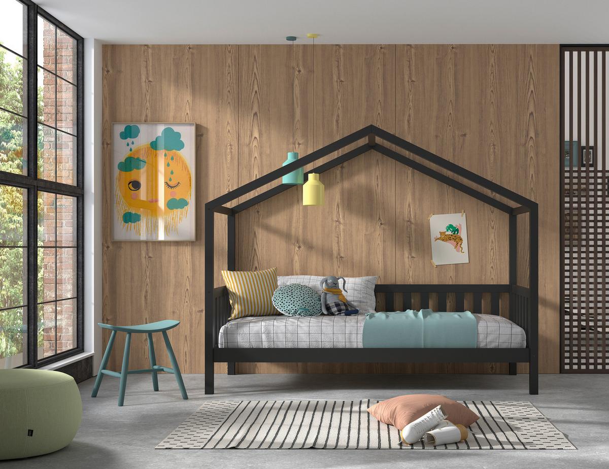 Dětská postel se stříškou s roštem 90x200cm - přírodní barvy/antracitová, Romantický / Rustikální, dřevo (90/200cm) - MID.YOU