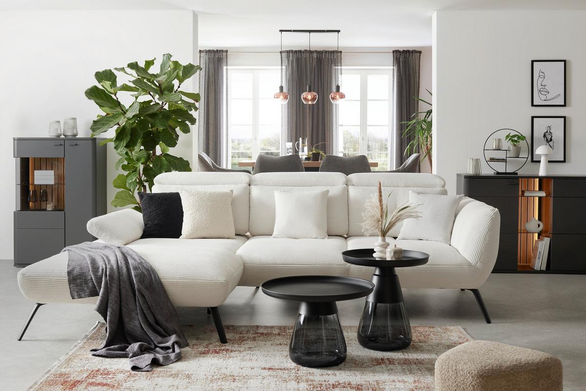 Rohová sedačka SEATTLE, levá, bílý manšestr, bez polštářů - bílá/černá, Moderní, kov/kompozitní dřevo (196/301cm) - Premium Living