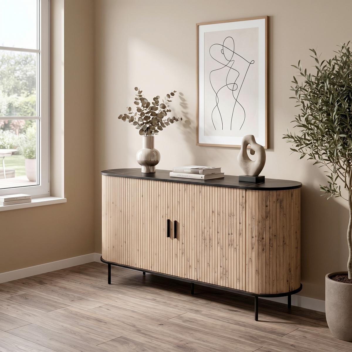 Sideboard Kajsa Schwarz/Artisan Dekor B: 160cm - Schwarz/Eiche Artisan, Trend, Holzwerkstoff (160/80/40cm)
